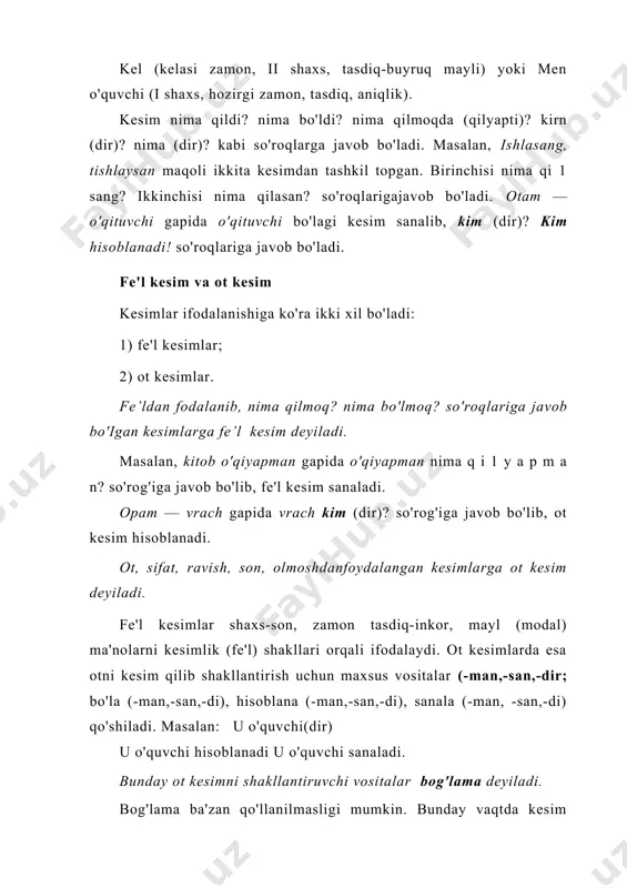 deyiladi. bog'lama ba'zan qo'llanilmasligi mumkin. bunday vaqtda kesim ohang yordamida shakllanadi. masalan, u o'quvchi. sodda va qo'shma kesimlar kesimlar tuzilishiga ko'ra sodda va qo'shma kesimlarga bo'linadi. faqat bir so'z bilan ifodalangan kesimga sodda kesim, ikki va undan ortiq so'z bilan ifodalangan kesimga esa qo'shma kesim deyiladi. masalan, qirlarda lolalar ochildi gapida ochildi sodda kesim, " lolazor " romanini o 'qib chiqdim gapida o 'qib chiqdim bo'lagi qo'shma kesim sanaladi. sodda va qo'shma kesimlar ifodalanishiga ko'ra sodda fe'l kesim va sodda ot kesim hamda qo'shma fe'l kesim va qo'shma ot kesimlarga bo'linadi. masalan, 1. dugonam tashqariga ko'zqirini tashladi; 2. dadam kasalxonaning bosh vrachi hisoblanadi. birinchi gapda ko'z qirini tashladi bo'lagi nima qildi? so'rog'iga javob bo'lib, qo'shma fe'l kesim, ikkinchi gapda esa kasalxonaning bosh vrachi hisoblanadi bo'lagi kim hisoblanadi? so'rog'iga javob bo'lib qo'shma ot kesim vazifasini bajaradi.