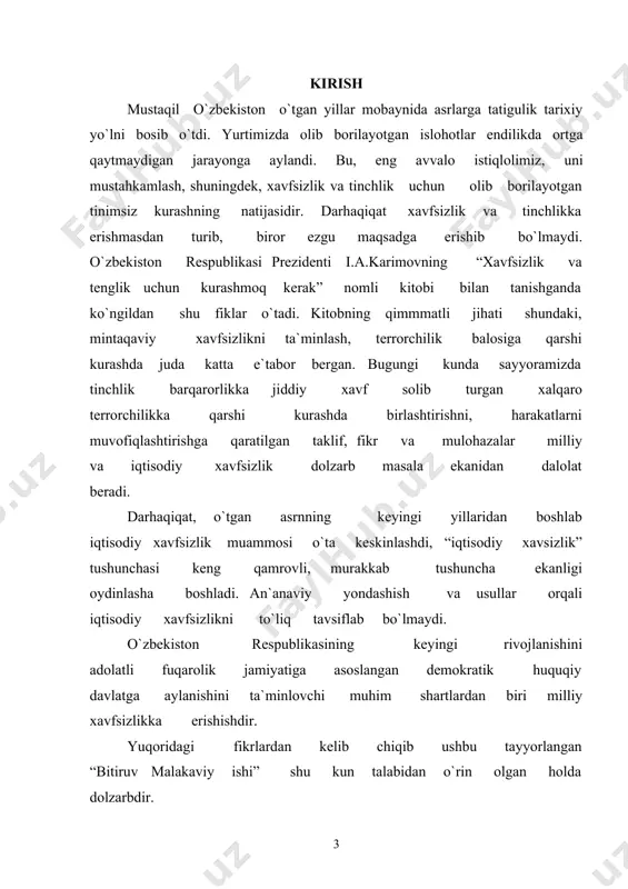 rilayotgan iqtisodiy islohotlarning taqdiri hal qiluvchi darajada jadallashmoqda. iqtisodiy xomashyoga asoslangan mamlakatlarning mahsulotlari, shuningdek yetakchi mamlakatlarning jahon bozoridagi valyuta kurslari tebranishlari bilan bog`liq xavflar mamlakatlar iqtisodiy o`sishiga salbiy ta`sirni , ularning inqirozi xavfini kuchaytiradi. iqtisodiy xavfsizlik ko`lami ham , darajasi ham xilma-xil. shuning uchun ham ko`pgina mamlakatlar oily organlari doirasida iqtisodiy xavfsizlik tushunchasi har xil talqin etiladi. shuningdek iqtisodiy xavfsizlikning ustuvorlik va unga erishishni ta`minlovchi aniq konsepsiya va strategiyasi ham yo`q. bugun bu sohada yuksak professionalizm va intelektual salohiyatga asoslangan iqtisodiy xavfsizlikni keng qo`llash , fan-texnikaning ilg`or yutuqlarini faol joriy etish eng zarur masala bo`lib qolmoqda. ana shu va shu kabi fikrlardan ko`rinib turibdiki, ushbu tanlangan bitiruv malakaviy ishning iqtisodiy xavfsizlikni va uning ahamiyatini mavzusi ham o`zining dolzarbligini belgilaydi. 1. “iqtisodiy xavfsizlik” tushunchasi va turlari. “iqtisodiy xavfsizlik” tushunchasi o`zbek iqtisodiyoti boshqaruv organlari leksikasida yangi. xorijiy mamlakatlar boshqaruv tuzumlari faoliyati amaliyoti uchun esa avvaldan qo`llanib kelinayotgan tushuncha bo`lib, juda keng sharhlanadi. …