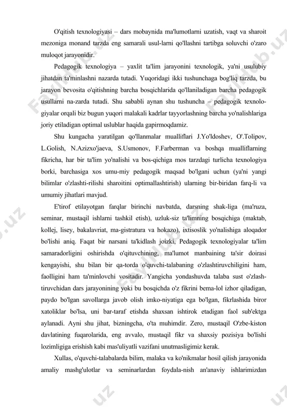 ham, faolligini ham ta'minlovchi vositadir. yangicha yondashuvda talaba sust o'zlash-tiruvchidan dars jarayonining yoki bu bosqichda o'z fikrini bema-lol izhor qiladigan, paydo bo'lgan savollarga javob olish imko-niyatiga ega bo'lgan, fikrlashida biror xatoliklar bo'lsa, uni bar-taraf etishda shaxsan ishtirok etadigan faol sub'ektga aylanadi. ayni shu jihat, bizningcha, o'ta muhimdir. zero, mustaqil o'zbe-kiston davlatining fuqarolarida, eng avvalo, mustaqil fikr va shaxsiy pozisiya bo'lishi lozimligiga erishish kabi mas'uliyatli vazifani unutmasligimiz kerak. xullas, o'quvchi-talabalarda bilim, malaka va ko'nikmalar hosil qilish jarayonida amaliy mashg'ulotlar va seminarlardan foydala-nish an'anaviy ishlarimizdan hisoblanadi. ana shu mashg'ulotlarni samarali tashkil etish uchun maksimal ravishda talabani faol ma-qomga ko'taradigan, uni o'qituvchi bilan deyarli bir maqomga olib chi-qadigan ish – amaliy o'yinlarni tashkil etish, intellektual trening-lar chog'ida biyron bo'lish, turli vaziyatlar, “keys – stadi”ni echishda uning bilimi, dunyoqarashini ro'yobga chiqarishga imkon beruvchi tex-nologik vositalar va usullardan foydalanishni hamda amaliyotda qo'llashni bilish o'qituvchilar uchun nihoyatda zarurdir. ta'limning globallashuvi sharoitida ta'lim sohasi bilan ja-miyatning rivojlanib …