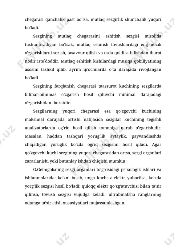 rini biz ham turlicha sezgi a'zolarimiz orqali ongimizda aks ettiramiz. tevarak-atrofimizdagi narsa va hodisalarning turli xil belgi hamda xususiyatlari har doim ham bizning sezgi a'zolarimizga ta'sir etib turadi. natijada bizda turli sezgilar hosil bo’ladi. chunonchi, nurlarning ko’zimizga ta'sir qilishi natijasida ko’rish sezgisi, har xil tezlik va kuchlanishdagi havo to’lqinlarining quloqimizga ta'sir etishi natijasida eshitish sezgisi, nafas olish paytida havo bilan birga burun bo’shlig’iga kirgan har turli modda zarrachalarining ta'siri natijasida hid sezgisi, biror narsani qo’limiz yoki badanimizga tegib ta'sir etish natijasida teri (taktil - biror narsaning terimizga tegishi) yoki bosim sezgisi va shu kabi sezgilar har doim hosil bo’ladi. demak, sezgi deb- atrofimizdagi narsa va hodisalarning sezgi a'zolarimizga bevosita ta'sir etishi natijasida ularning ayrim belgi va xususiyatlarini miyamizda aks ettirilishini aytamiz. sezgi bilish jarayonlari ichida oddiy psixologik jarayon bo’lib, tashqi olamdagi narsa va hodisalarni aks ettiradi. tashqi olamdan kelayotgan qo’zg’atuvchilarning muayyan reseptorlarga bevosita ta'sir etish orqali ayrim belgi va xususiyatlarni …