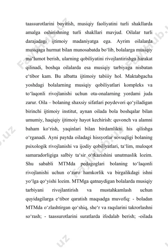sita mtm ishtirokchilari ijrosida turli bayram tadbirlari badiiy qismlarini uyushtirishlari ham bolaning musiqiy takomilida o‘ziga xos ahamiyat kasb etadi. mtmda va oila oldida turgan muhim vazifalardan biri musiqani badiiy (adabiy) asar, rangtasvir va teatr bilan o‘zaro hamkorlikni yo‘lga qo‘yish hisoblanadi. bu maqsadda ota-onalar bilan bamaslahat bolalar teatrlari, bolalar musiqa dastalari ga tashriflar uyushtirish, bog‘chada san‘at asarlari ko‘rgazmalarini tashkil qilish, bu boradagi dunyo tajribasi bilan tanishish o‘ta muhim. shuningdek, ota-onalari bilan birga bolalar kichik konsertlar, teatr postanovkalari, adabiy-musiqiy kompozisiyalarda ishtirok etishini tashkil qilish bolaning san‘at bilan oshnoligini ta‘minlashga xizmat qiladi. ota-onalar bilan hamkorlikni yo‘lga qo‘yishda ularning o‘z bolalari bilan olgan musiqiy taassurotlari bo‘yicha muloqotga o‘rgatish juda muhim. shu bois oiladamusiqiy faoliyatga nisbatan kichik bo‘lsada ijobiy mikromuhit shakllanishi lozim. bola o‘zini kichik, ammo barcha boshlagan ijodiy ishlarida o‘zining oilaning boshqa a‘zolari tomonidan to‘liq qo‘llab-quvvatlanishini har doim his qilishi lozim. mtmda musiqa rahbarining bola musiqiy tarbiyasida amalga oshirayotgan ishlari maqsad va vazifalari ota-onalar …