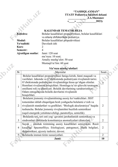 kalendar tematik reja ma’ruza mashg‘ulotlari — DOCX
