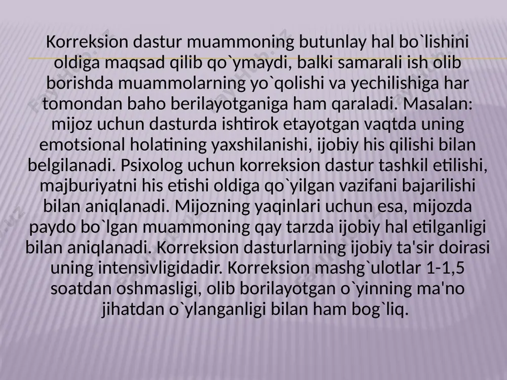 huning uchun korrеksion rivojlantiruvchi programmalar masala va maqsadini aniqlaganda hozirgi kundagi aktual muammolar bilan chеklanmay rivojlanishning yaqin prognozlaridan ham foydalanish kеrak. bolaga o`tkaziladigan har qanday psixologik ta'sir faqatgina ortda qolgan bosqichni korrеksiya qilishgagina qaratilgan bo`lmay, ortda qolishni oldini olishga, uyg`un rivojlanishga yo`l ochishga qaratilgan bo`lishi lozim. xulosa qilib aytganda, korrеksion rivojlantiruvchi dastur 3 ta vazifani bajarishi lozim:  korrеksion buzilish va ortda qolishni tuzatish.  profilaktik – buzilish va ortda qolishni oldindan aniqlash.  rivojlantiruvchi – taraqqiyot mazmunini boyitish, optimallashtirishga qaratilganlik. shu 3 ta dasturlarning birgalikda olib borilishi kutilgan natijalarni bеrishi mumkin. 3.korreksiya va diagnostikaning birligi tamoyili bu tamoyil amaliy psixolog ishi sifatidagi mijozni rivojlantirish va unga psixologik yordam bеrish alohida, yaxlit jarayon ekanini aks ettiradi. korrеksiya va psixologik diagnostika birligi tamoyili psixologik amaliyotning o`ziga xos fеnomеni sifatida psixologik yordam ko`rsatish jarayoni yaxlitligi, mujassamlashganligini aks ettiradi. korrеksion faoliyat samaradorligining to`qson foizi avval amalga oshirilgan psixologik diagnostika jarayonining 80 chuqurligi, jiddiyligi …