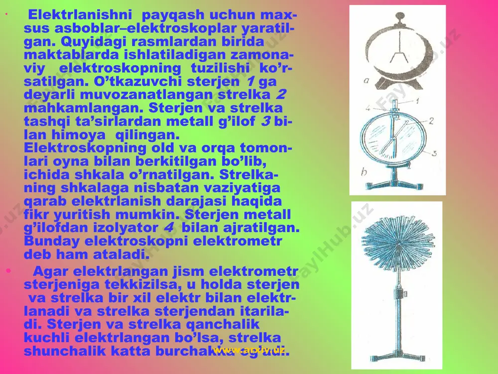 tkazgich bilan tutashtiramiz. birinchi shar-ning zaryadi yana ikki marta kamayadi. o’t-kazilgan tajribalar elektr zaryad bo’linishi mumkinligidan dalolat beradi. www.arxiv.uz www.arxiv.uz 3.bir xil radiusli sharlar tekkizilganda zaryad teng taqsimlanadi. 4.kulon qonuni ikki ya nuqtaviy zaryad o’rtasidagi ta’sir kuchi zaryad modullari ko’paytmasiga to’g’ri, ular o’rtasidagi masofaning kvadratiga teskari proporsional. k-proporsionallik koeffitsenti bo’lib,jihatdan 2 ta bir kulondan bo’lgan zaryadning 1 m masofadagi ta’sir kuchiga teng. zaryadlar vakuumdan muhitga zaryad miqdorlari va orasidagi masofa o’zgartirmay ko’chirilganda ularning o’zaro ta’sir kuchi marta kamayadi. 1.zaryad va kulon qonuni. zaryad jismni tashqiy sirtida to’plangan bo’lib, uchli joylarida ko’proq taqsimlangan bo’ladi. 2.yopiq sistemaning zaryadlarini algebraik yig’indisi o’zgarmas saqlanadi. +7 + -3 = +4 +4 + +7 + +1 = +2 + +2 www.arxiv.uz www.arxiv.uz kulon qonunini formulasi: qo’zg’almas zaryadlar bir-biri bilan maydon orqali ta’sirlashadi. uni elektrostatik maydon deyiladi. elektr maydoniga kiritilgan birlik musbat zaryadga ta’sir etuvchi kuchga son qiymat jihatidan teng bo’lgan kattalikka elektr maydon kuchlanganligi deyiladi. kuchlanganlik …