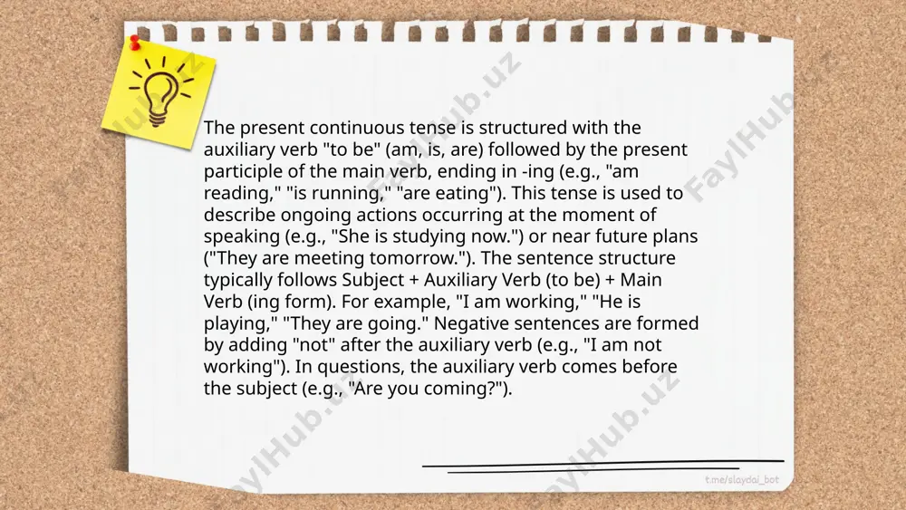 yllable verbs where the stress is on the final syllable, double the consonant (e.g., "begin" becomes "beginning"). 6. **'c' ending**: if a verb ends with "c", add a "k" before "-ing" (e.g., "picnic" becomes "picnicking"). present continuous uchun aniq malumot yoz jumaboyeva sevinch thank you for your attention! image1.png image2.png image3.png image4.jpg image5.png image6.png image7.jpg /docprops/thumbnail.jpeg