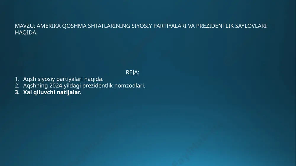 ishni qo‘llab-quvvatlaydigan guruhlar. aqsh partiyalarining xususiyatlari ikkilik tizimi: amerika siyosatida dominatsiya qiluvchi ikki partiya – demokratlar va respublikaliklar. qarama-qarshi ideologiyalar: partiyalar orasidagi farqlar, iqtisodiy va ijtimoiy siyosatga oid qarorlar haqida katta tafovutlarga ega. kichik partiyalar va mustaqil nomzodlar: aksariyat vaqtlarda kichik partiyalar saylovlarda muvaffaqiyat qozona olishmaydi, ammo ba'zi holatlarda ular katta partiyalar bilan ittifoqlar tuzishadi yoki ovozlarni taqsimlashda muhim rol o‘ynaydi siyosiy partiyalar va saylovlaraqshda saylovlar turli xil bo‘lib, ular: prezidentlik saylovlari: har to‘rt yilda bir marta o‘tkaziladi. bu saylovlar barcha shtatlar uchun muhim bo‘lib, partiyalarning amaldagi pozitsiyalarini aniqlashga xizmat qiladi. kongress saylovlari: har ikki yilda bir marta kongressning pastki palatasi (vakillar palatasi) va yuqori palatasi (senat) uchun saylovlar bo‘lib o‘tadi. mahalliy va shtat darajasidagi saylovlar: odamlar o‘z jamoalari va shtatlaridagi lavozimlar uchun ovoz beradilar. prezidentlik saylovi haqida "donald tramp" — bu aslida donald trump nomi bilan tanilgan shaxsni anglatadi. u aqshning 45-prezidenti bo‘lib, 2017-yildan 2021-yilgacha prezidentlik vazifasini bajargan. trump, …