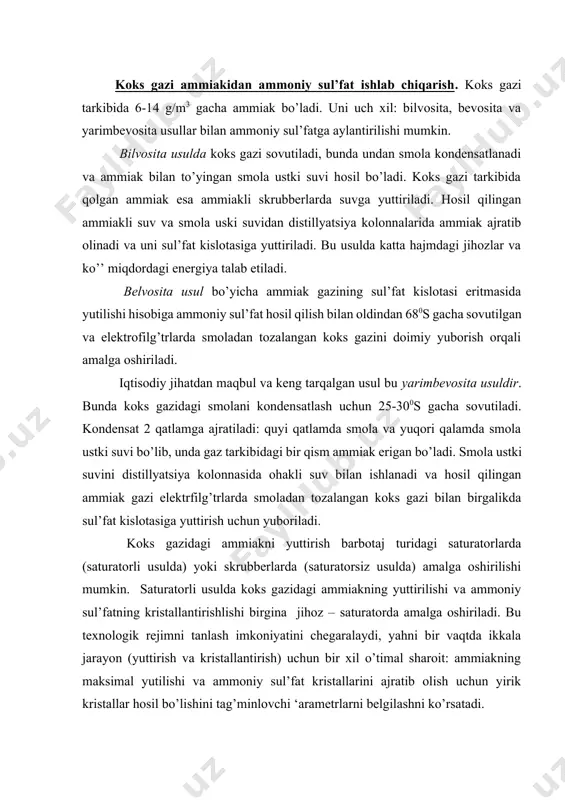 lab chiqarishning saturatorli usuli tasviri: 1-sul’fat kislotasi uchun bak; 2-koks gazi uchun qizdirgich; 3-saturator; 4barbotyor; 5-aylanuvchi eritma uchun bak; 6-kislota tutgich; 7-kristall yig’gich; 8-eritma yig’gich; 9-tsentrafuga; 10-«qaynovchi qatlam» li quritgich; 11’iridinsizlantirilgan eritma uchun rezvrvuar; 12-kislotali eritma uchun yig’gich; 13-eritma uchun rezervuar; 14,15-markazdan qochma nasoslar. gipsdan ammoniy sul’fat olish. sul’fat kislota sarflamasdan, tabiiy gi’s yoki ekstraktsion fosfat kislotasi ishlab chiqarish chiqindisi - fosfogi’sdan ammoniy sul’fat olish ham mumkin. gipsni ammoniy sul’fatga konvertsiyasi 50-550s xaroratda 32-33% li ammoniy karbonat eritmasi bilan suyuqlik usuli deb ataladigan quyidagi reaktsiya yordamida amalga oshirilishi mumkin: caso4 + (nh4)2co3 = (nh4)2so4 + caco3 bu reaktsiya kalg’tsiy karbonatning eruvchanligi kalg’tsiy sul’fatning eruvchanligidan kamligi hisobiga amalga oshadi. caco3 cho’kmasi ajratilgandan so’ng [1 t (nh4)2so4 hisobiga 760 kg] 40% li ammoniy sul’fat eritmasini bug’latish va kristallantirish orqali qattiq mahsulotga aylantiriladi. 1 tonna ammoniy sul’fat olish uchun: 1,13 t gi’s, 0,74 ammoniy karbonat, 1,4 t bug’, 225 m3 suv, 65 kvt/soat …