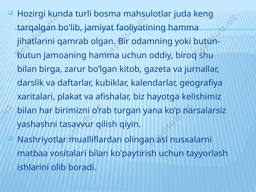 bosilayotgan yuzada tasvirning aksi qoladi. chuqur bosma usuli. chuqur bosma usulida bosuvchi elementlar qolipda chuqurroq joylashadi. qolipdagi bosuvchi elementlar qanchalik chuqurroq joylashsa, shunchalik bo‘yoq ko‘proq bo‘yoq qolipdan qog‘ozga o‘tadi va nusxa olinadi. qolip sirtidan (oraliq elementlar) bo‘yoqni olish uchun maxsus pichoq (rakel) ishlatiladi. chuqur bosma usuli bo‘yoqlarini qog‘ozga yarqinroq bergani uchun odatda undan ko‘p tasvirli jurnallarni, fotoalbom va portretlarni tayyorlashda ishlatiladi. chuqur bosma usulining afzalliklari asosan qadoqlash mahsulotlarini tayyorlashda ko‘rinadi. bosish sifati adadning oxirigacha o‘zgarishsiz qoladi. chuqur bosma usuli sifat darajasida hamma talablarga javob berib, bosishda eng yaxshi natijalar beradi. bu bosish usuli kam adadli va qaytariladigan buyurtmalar uchun eng yaxshi taklifdir. shu vaqtning o‘zida chuqur bosishda qolip silindirlariga harajatlar katta bo‘lib, kichik adadlarni tayyorlashda u fleksografiyaga yo‘l beradi. chuqur bosma usullaridan biri tampon bosish usuli hisoblanadi. tampon bosish usuli uchun qolip tayyorlash xuddi fleksografiya usulidagi fotopolimer bosma qolip tayyorlashga o‘xshab ketadi. biroq u tasvirni qolipda biroz chuqurda joylashgani bilan …