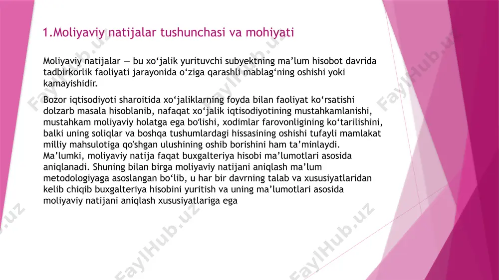 yoki minus boshqa zararlar sifatida aniqlanadi: aff = yaf-dx+bd-bz, bunda, aff — asosiy faoliyatdan olingan foyda; dx — davr xarajatlari; bd — asosiy faoliyatdan olingan boshqa daromadlar; bz — asosiy faoliyatdan ko‘rilgan boshqa zararlar; — xo‘jalik faoliyatidan olingan foyda (yoki zarar), bu asosiy faoliyatdan olingan foyda summasi plyus moliyaviy faoliyatdan ko‘rilgan daromadlar va minus zararlar sifatida hisoblab chiqiladi: uf=aff+md-mx, bunda, uf — umumxo‘jalik faoliyatidan olingan foyda; md — moliyaviy faoliyatdan olingan daromadlar; mx — moliyaviy faoliyat xarajatlari; — soliq to‘langungacha olingan foyda, u umumxo‘jalik faoliyatidan olingan foyda plyus favqulodda (ko‘zda tutilmagan) vaziyatlardan ko‘rilgan foyda va minus zarar sifatida aniqlanadi: stf=uf+fp-fz, bunda, stf — soliq to‘langungacha olingan foyda; fp — favqulodda vaziyatlardan olingan foyda; fz — favqulodda vaziyatlardan ko‘rilgan zarar; — yilning sof foydasi, u soliq to‘langandan keyin xo‘jalik yurituvchi subyekt ixtiyorida qoladi, o‘zida foydadan to‘lanadigan soliqni va minus qonunchilikda nazarda tutilgan boshqa soliqlar va to‘lovlarni chiqarib tashlagan holda soliqlar to‘langunga …