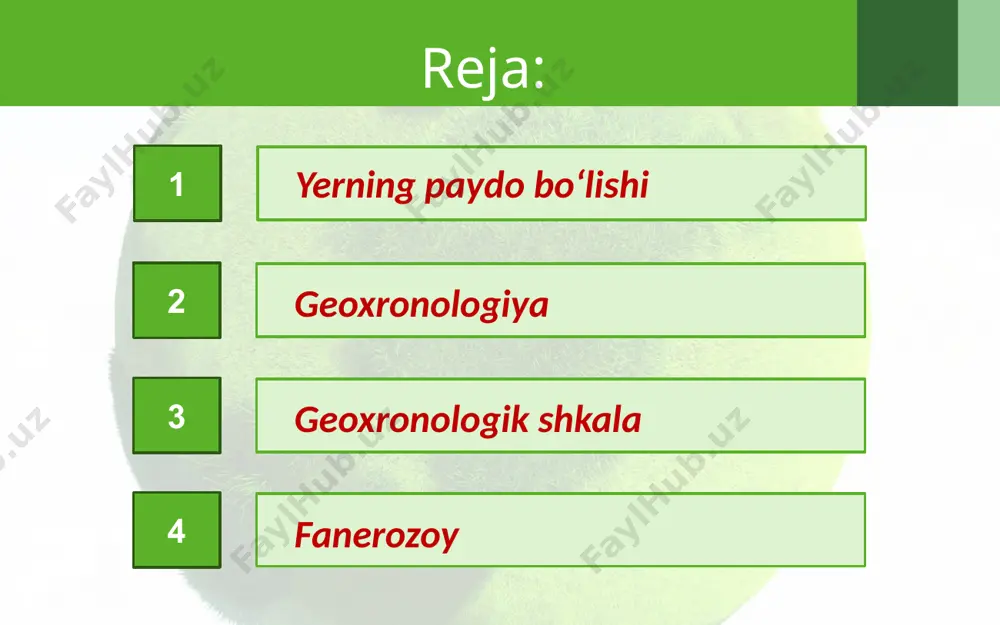illik tadqiqotlar natijalarini umumlashtirib, yer po‘stida qat lamlar yo‘nalishining umumiy ketma-ketligini aniqlaganlar. har qaysi davr uchun o‘ziga xos hayvon va o‘simliklarning toshqotgan qoldiqlari mavjud geoxronologik shkala – geoxronologik bo‘limlarning iye rarxiya (quyi bo‘limlarning yuqori bo‘limlarga bosqichma-bosqich bo‘ysinish) tizimi. shkalada eng yirik birlik supereon bo‘lib, ular 2 ta: tokembriy va fanerozoy. tokembriy supereoni xades, arxey (yoki arxeozoy) va proterozoy eonlariga bo‘lingan, fanerozoy supereoni esa shu nomdagi bitta eondan iborat. stratigrafik va unga moslashgan geoxronologiya shkalasi 1881-yilda italiyaning bolonya shahrida ikkinchi xalqaro geologlar kongressida tasdiqlangan va o‘sha vaqtdan boshlab jahonda umumiy hisoblanadi. geoxronologiya shkalasi yer geologik taraqqiyotining tokembriy supereoni 4 mlrd yil davom etgan. bu bosqich yer tarixining sayyora shaklini olgan kundan boshlanib, proterozoy, arxey va xades eonlarini qamrab oladi va bundan 541–570 mln yil oldin tugagan. atmosfera, asosan, azot, ammiak, karbonat angidridi, suv bug‘lari, metan, vodorod, inert gazlar, kislotalardan tashkil topgan. ayrim olimlarning fikricha, dastlabki atmosfera kislorodsiz bo‘lgan. yer po‘sti sovigandan …