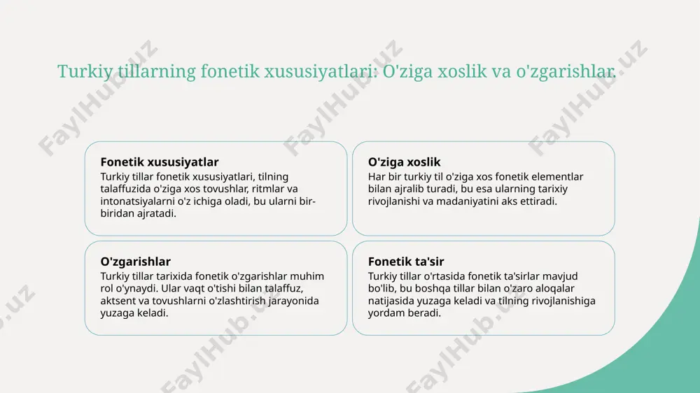 qonuniyatlar, tillarning tarixiy evolyutsiyasini ta'sir qiladi va leksik tarkibni boyitadi. 3 o'zaro bog'lanish fonetik qonuniyatlar va turkiy tillar o'rtasidagi o'zaro bog'lanish, til o'zgarishlarini tushunish uchun asosiy usul hisoblanadi, madaniyatni aks ettiradi. turkiy tillar fonetikasi: zamonaviy tadqiqotlar va istiqbollar. 01 zamonaviy tadqiqotlar hozirgi kunda turkiy tillar fonetikasi bo'yicha tadqiqotlar ko'plab yangi metod va texnologiyalar yordamida amalga oshirilmoqda, bu esa tahlil jarayonini osonlashtiradi. 02 fonetika va madaniyat turkiy tillar fonetikasi madaniyat va tarixiy rivojlanish bilan chambarchas bog'liq. fonetika tadqiqotlari madaniy o'zgarishlarni aniqlashda muhim rol o'ynaydi. 03 kelajak istiqbollari kelajakda turkiy tillar fonetikasi sohasida yangi tadqiqotlar va interdisiplinar yondashuvlar, jumladan, sun'iy intellektdan foydalanish kutilmoqda. turkiy tillar fonetikasining tarixiy konteksti va ahamiyati. tarixiy kontekst turkiy tillarning fonetikasi tarixiy rivojlanish jarayonida muhim o'rin tutadi. ularning shakllanishi va o'zgarishi, davrlar bo'yicha turli omillar bilan bog'liqdir. fonetik ahamiyat fonetik qonuniyatlar, turkiy tillarning o'ziga xos xususiyatlarini belgilab beradi. bu qonuniyatlar, tilning evolyutsiyasini tushunishga yordam beradi va madaniy merosni …