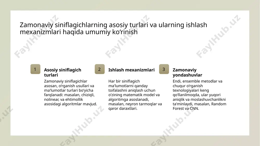 lar kelajakda siniflagichlar avtomatlashtirilgan va moslashtirilgan bo'lib, foydalanuvchilarga individual ehtiyojlarga mos keladigan aniq va samarali natijalar taqdim etadi. 03 etika va xavfsizlik muammolari rivojlanishda etika va xavfsizlik muammolari muhim ahamiyat kasb etadi, shuningdek, axborot xavfsizligini ta'minlash va adolatli qarorlar qabul qilish uchun yangi yondashuvlar ishlab chiqilmoqda. sun'iy intellekt va siniflagichlarning turli sohalarda qo'llanilishi va ularning ta'siri sanoqli sohalarda qo‘llanilishi sun'iy intellekt va siniflagichlar tibbiyot, bank, va transport sohalarida keng qo‘llaniladi, masalan, kasalliklarni tashxislash yoki moliyaviy xavflarni baholashda. ijtimoiy va biznes ta'siri bu texnologiyalar marketing, mijozlar xatti-harakatlarini tahlil qilish va qaror qabul qilish jarayonlarini avtomatlashtirishda ijtimoiy va iqtisodiy ta'sir ko‘rsatadi. ta'lim va sog‘liqni saqlashda yordam sun'iy intellekt asosidagi siniflagichlar ta'limda shaxsiy o‘quv rejalari ishlab chiqish va sog‘liqni saqlashda kasalliklarni erta aniqlashda ishlatiladi. innovatsiyalar va kelajak rivojlanayotgan texnologiyalar bilan, siniflagichlar va sun'iy intellekt yangi sohalarda, masalan, robototexnika va avtonom transportda innovatsiyalarni olib kelmoqda. xulosa 1 zamonaviy siniflagichlarning asosiy turlari tashqi muhitda keng …