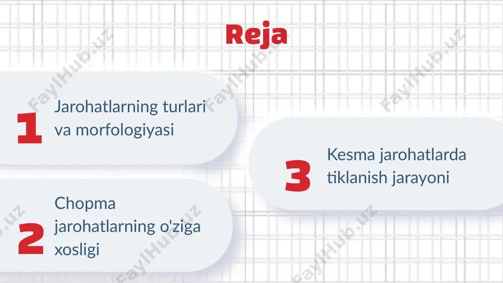 g zararlanishi va ularning tiklanish imkoniyatlari belgilanadi. morfologik o'zgarishlar klinik ko'rinishlar bilan chambarchas bog'liq. o'ziga xos morfologik xususiyatlar aniqlanib, davolash strategiyalari ishlab chiqiladi. kesma jarohatlarda tiklanish jarayoni kesma jarohatlarning ta'rifi kesma jarohatlar - to'qimalarning kesilishi natijasida yuzaga keladigan jarohatlar. ular, odatda, terining, mushaklarning va boshqa to'qimalarning zarar ko'rishi bilan namoyon bo'ladi. tiklanish jarayonining bosqichlari tiklanish jarayonida uchta asosiy bosqich mavjud: iltihobiy davr, proliferatsiya va remodellash. har bir bosqichda jarohat joyida o'zgarishlar sodir bo'ladi. jarohatni tiklashda muhim omillar jarohatni tiklashda qon aylanishi, to'g'ri oziqlanish va infektsiyalashuvga qarshi kurash muhim ahamiyatga ega. ushbu omillar tiklanish jarayonini tezlashtiradi. tiklanish jarayonining muhim omillari - oziqlanish va vitaminlar: a, c, va d vitaminlari jarohatlarning tiklanishida muhim rol o'ynaydi. - qon aylanishi: jarohat joyidagi qon oqimi tiklanish jarayonini tezlashtiradi. - sanitariya: infektsiyalashuvdan saqlanish uchun toza muhit va yaxshi sanitariya choralari zarur. - oziqlanish va vitaminlar: a, c, va d vitaminlari jarohatlarning tiklanishida muhim rol o'ynaydi. - …