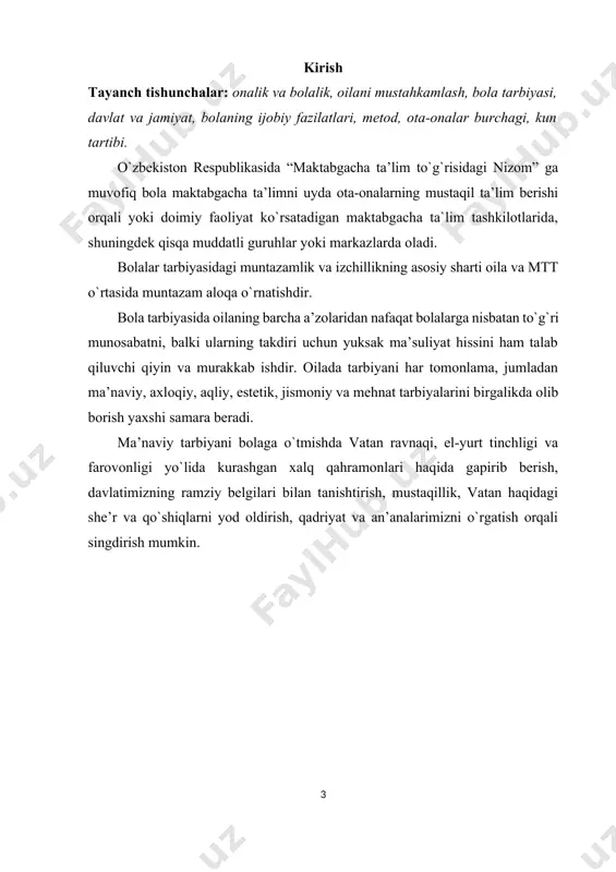 sasalarning, oila va jamiyatchilikning to`liq o`zaro ta’siri va harakatlarning birligiga bog`liq. maktabgacha yoshdagi bolaning maktab ta’limiga utishi hamisha uning hayoti, axloqi, qiziqishi va munosabtalarida anchayin jiddiy o`zgarishlarni yuzaga chiqaradi. shuning uchun bolani maktabgacha ta`lim ashkilotida yoki uyda maktab ta’limiga tayyorlash, uni uncha qiyin bo`lmagan bilim, tushuncha, ko`nikma va malakalar bilan tanishtirish lozim. maktabgacha ta’lim tashkilotlarida tarbiyachilar tomonidan o`tkaziladigan ta`limiy faoliyat jarayonida bolalarda mustaqil fikrlash ko`nikma va malakalari hosil qilinadi, tarbiyachining so`zini tinglash, o`rtoqlari bilan gaplashmaslik, har bir tarbiyachi tomonidan berilgan savollarga javob berishga harakat qilish, tarbiyachi tomonidan aytilgan fikrlarni takrorlashga o`rgatib boriladi. har bir yosh guruhlarda qancha ta`limiy faoliyat o`tkazish mtt ta’lim-tarbiya dasturida belgilab qo`yilgan. tarbiyachi ta`limiy faoliyatlar jarayonida yangi pedagogik texnologiya materiallaridan va tarbiyaning samarali metod va usullaridan foydalana, bolaning yosh, ruhiy-fiziologik xususiyatlari inobatga olinsa, tarbiya berishning samaradorligi oshadi. tarbiyachi har bir bolaning imkoniyatlarini aniqlab olishi kerak, bolalar o`zi yashayotgan jamoaga munosabatiga qarab bir necha guruhlarga bo`linadi: 1- guruh: …
