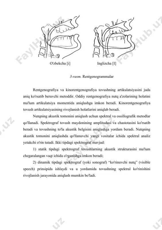 aniqlash uchun spektral va ossillografik metodlar qo'llanadi. spektrograf tovush maydonining amplitudasi va chastotasini ko'rsatib beradi va tovushning to'la akustik belgisini aniqlashga yordam beradi. nutqning akustik tomonini aniqlashda qo'llanuvchi yangi vositalar ichida spektral analiz yetakchi o'rin tutadi. ikki tipdagi spektrograf mavjud: 1) statik tipdagi spektrograf tovushlarning akustik strukturasini ma'lum chegaralangan vaqt ichida o'rganishga imkon beradi; 2) dinamik tipdagi spektrograf (yoki sonograf) “ko'rinuvchi nutq” (visible speech) prinsipida ishlaydi va u yordamida tovushning spektral ko'rinishini rivojlanish jarayonida aniqlash mumkin bo'ladi. /a/ /i/ 4-rasm. ossillograf apparati ham eksperimental fonetik kuzatishlarda qo'llanadi. ossillografiya tovushning hosil bo'lishidagi garmonik tebranishlarni, nutq intonatsiyasi va iborani ma'nodor bo'laklarga bo'lishni o'rganishga imkon beradi. eksperimental-fonetik tekshirishlar til​ning tovush tomonini tilshunoslik jihatdan chuqur va aniqroq tadqiq qilishda katta yordam beradi. adabiyotlar 1. аракин в.д. сравнительная типология английского и русского языков. м., просвещение, 1989. 2. аракин в.д. типология языков и проблема методического прогнозирования. м., высшая школа, 1989. 3. абдуазизов а.а. тилшуносликка кириш. i-қисм. …