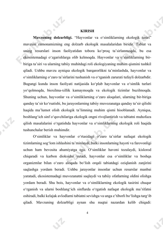 ushunarli tarzda taqdim etish orqali, ularning tabiatga bo‘lgan hurmati va ekologik ongini rivojlantirishdir. kurs ishida hayvonlar va oʻsimliklarning o‘zaro aloqalari, bu aloqalarning tabiiy tizimlar va ekologik barqarorlikka ta’siri, shuningdek, ekologik muvozanatning saqlanishi uchun zarur bo‘lgan omillarni tushuntirish ko‘zda tutilgan. kurs ishining vazifalari: · hayvonlar va oʻsimliklarning ekologik tasirini tahlil qilish. · tabiiy tizimlarda hayvonlar va oʻsimliklarning o‘zaro aloqalarini o‘rganish. · ekologik muvozanatning saqlanishidagi ahamiyatini tushuntirish. · boshlang‘ich sinf o‘quvchilariga ekologik bilimlarni tushunarli tarzda taqdim etish. · tabiatni muhofaza qilish va ekologik mas’uliyatni oshirish bo‘yicha o‘quvchilarni o‘qitish. kurs ishining predmeti. hayvonlar va oʻsimliklarning ekologik tizimdagi o‘zaro aloqalari, ularning bir-biriga ta’siri va ekologik muvozanatni saqlashdagi roli. shuningdek, ekologik ta’lim orqali boshlang‘ich sinf o‘quvchilariga tabiatni muhofaza qilish zarurati va ekologik mas’uliyatni tushuntirish. kurs ishining obyekti. hayvonlar va oʻsimliklar o‘rtasidagi ekologik aloqalar, ularning atrof-muhitga ta’siri va ekologik tizimlarning barqarorligini ta’minlashdagi roli. shuningdek, obyektda ekologik ta’lim va boshlang‘ich sinf o‘quvchilarining ekologik ongini rivojlantirish jarayonlari ham …