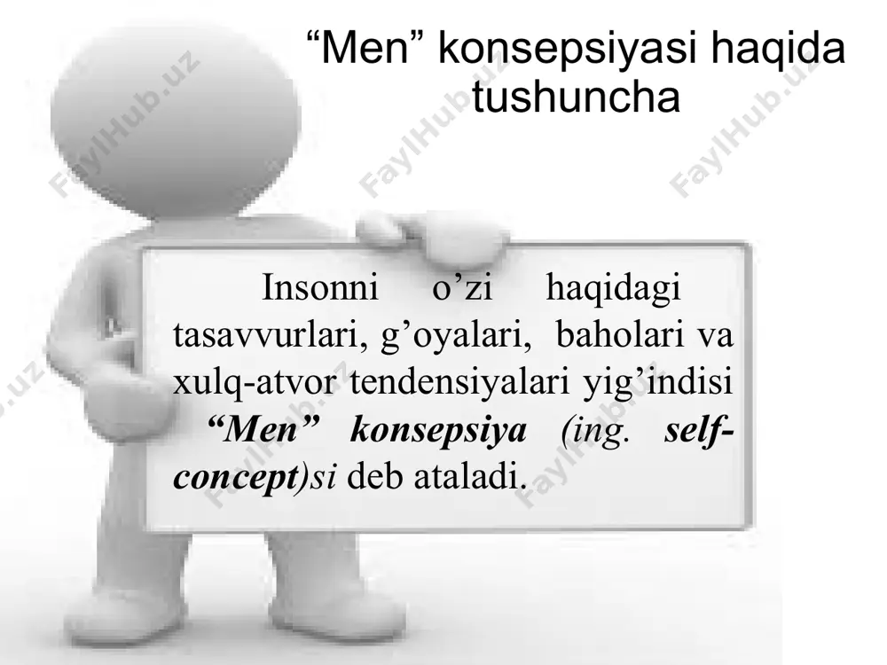 urmatini qozonish, o'z mavqeini kuchaytirish yoki aksincha, o'z kamchiliklarini berkitishga harakat, yuqori baho berish va h.k. “men” konsepsiyasi odamni turli sohalarda muvaffaqiyatini va zaif tomonlarini belgilaydi va 3 ta rolni bajaradi birinchidan – shaxsning ichki o’zaro roziligiga erishishga turtki beradi; ikkinchidan – odamni tajribasini izohlaydi; uchinchidan – kutishni manbasi bo’ladi. “men” konsepsiyasining rivojlanishi u.jeymsning fikricha, shaxsning ijtimoiy «men»i ijt. psixologik naz./lar ko‘p o'rganilgan mavzudir. sots. charlz kulining «shaxs oynasi» tushunchasi, (shaxs atrofídagi odamlarning unga nisbatan berayotgan bahosi va fikriga aynan oynaga qaraganday qaraydi, degan fikri) j.g. mid va g.s. sallivanning “jamoaviy ustanovka” (shaxsning o'zini anglashi uning ijtimoiy munosabatlarining hosilasi bo'lib, bu jarayonda u o'ziga tashqi tomondan, go'yoki obyektga qaragandek qarashni o'rganadi) tushun. bixeviorist va freydistlarga ko’ra, insonning “men”i uning axloq va rivojlanishning asosiy omili sifatida umumiy ko’rib chiqishiga intilishgan. persona o‘rtasida muammolarni keltirib chiqaradi karl yungning ta’kidlashicha, shaxs psixikasi tuzilishida himoya qismi mavjud va u persona deb ataladi. shaxsning yolg’on …
