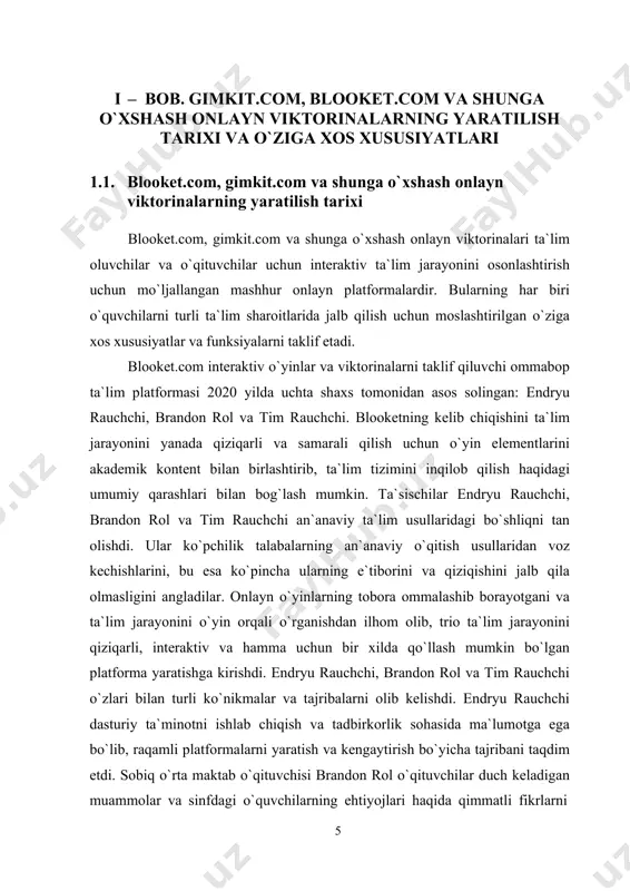 iy o`qitish usullaridan voz kechishlarini, bu esa ko`pincha ularning e`tiborini va qiziqishini jalb qila olmasligini angladilar. onlayn o`yinlarning tobora ommalashib borayotgani va ta`lim jarayonini o`yin orqali o`rganishdan ilhom olib, trio ta`lim jarayonini qiziqarli, interaktiv va hamma uchun bir xilda qo`llash mumkin bo`lgan platforma yaratishga kirishdi. endryu rauchchi, brandon rol va tim rauchchi o`zlari bilan turli ko`nikmalar va tajribalarni olib kelishdi. endryu rauchchi dasturiy ta`minotni ishlab chiqish va tadbirkorlik sohasida ma`lumotga ega bo`lib, raqamli platformalarni yaratish va kengaytirish bo`yicha tajribani taqdim etdi. sobiq o`rta maktab o`qituvchisi brandon rol o`qituvchilar duch keladigan muammolar va sinfdagi o`quvchilarning ehtiyojlari haqida qimmatli fikrlarni 6 keltirdi. tajribali o`qituvchi va o`quv dasturlarini ishlab chiquvchi tim rauchchi o`zining pedagogik tajribasi va ta`limni loyihalash tamoyillarini tushunishga hissa qo`shdi. blooketni yaratish jarayoni keng ko`lamli hamkorlik va iteratsiyani o`z ichiga oladi. ta`sischilar platforma xususiyatlarini kontseptuallashtirish, foydalanuvchi interfeysini loyihalash va asosiy texnologiyani ishlab chiqish uchun yaqindan hamkorlik qildilar. blooket intuitiv, foydalanuvchilar uchun …