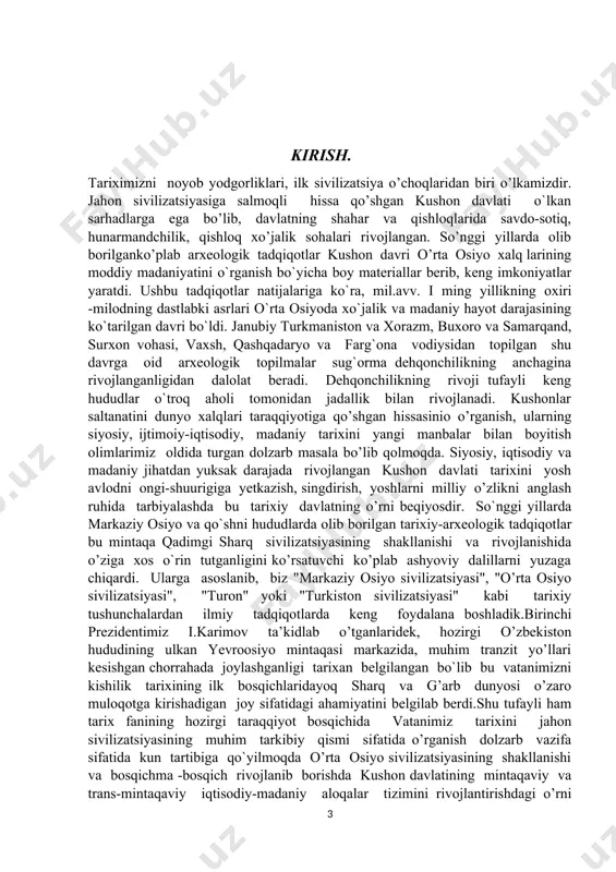 o`rin tutadi.umuman olganda kushon podsholigi vatanimiz hududida milodiy boshlarida vujudga kelib, yirik bir imperiyaga aylana oldi va bu imperiya o’zbek davlatchiligi tarxi juda kata ahamiyatga ega bo’lib hisoblanadi. qadimiy manbalarning deyarlik barchasida kushonlarning birinchi hukm- dori kioszyukyu (uning xitoycha atalishi) kujula kadfizdir (ayrim manbalarda kudjula va kudzula). u baqtriyani egallagach, qo‘shni viloyatlar sari otlanib, sug‘diyona, marg‘iyona, hindistonning shimoli-g‘arbiy qismini ham egallaydi. sakson yil umr ko‘rib vafot etgach, o ‘rniga o‘g‘li yangaochjen (kadfiz ii) o‘tirib, hindistonning gang daryosi vodiysigacha bo‘lgan yerlarni ham bo‘ysundiradi. kadfiz ii (yangaochjen) tarixda vima kadfiz nomi bilan ham mashhur. bu nom o‘sha davrda zarb etilgan tangalarda aks etgan. kushonlar davlati podsho kanishka davrida eng qudratli saltanatga aylangan. uning davrida hindistonning janubiy qismlariga tahdid solingan.farg‘ona, sharqiy turkiston bo‘ysundirilgan, turkistonning asosiy qismlari bir siyosiy hokimiyat ostida birlashib, qudratli saltanat vujudga kelgan.kushonlar davrida harbiylar uzoqdan turib jang qilishda asqotadigan qo‘sh kamon quroli yaratilgan. suyak yoki shox bilan qoplangan murakkab bu …