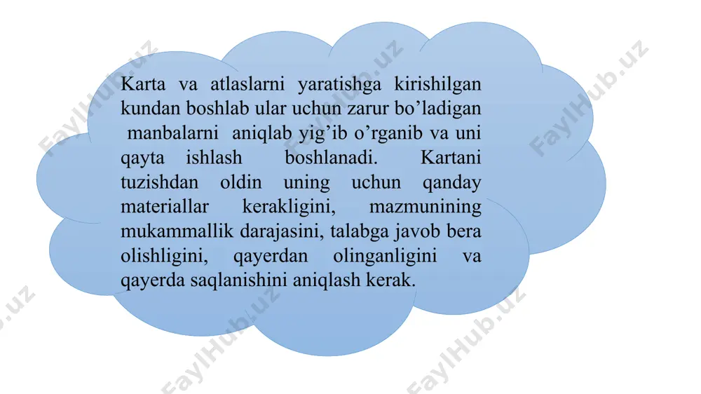 grafik va mavzuli xaritalar; - kadastr ma’lumotlari, plan va xaritalari; - masofadan zondlash materiallari; - dala ma’lumotlari va o‘lchashlari; - gidrometeorologik kuzatishlar natijalari; - ekologik va boshqa monitoring materiallari; - iqtisod-statistik ma’lumotlar; - raqamli modellar; -laboratoriya tahlil natijalari; - matnli manbalar; - nazariya va tajribaga asoslangan qonuniyatlar xaritaning maqsadi va mavzusiga binoan ba’zi bir manbalar asosiy, ba’zilari esa qo‘shimcha, boshqalari yordamchi manbalar vazifalarini o‘taydi. masalan, iqtisodiy geografik xaritalar uchun asosiy manba bo‘lib statistik hisobotlar, geologik xaritalar uchun esa geologik plan olish, aerokosmik suratlar hisoblanadi. ma’lum xaritalar uchun, masalan, tarix xaritalariga, dinamikani ko‘rsatishda eski manbalar zarur manbalar xaritaga olinayotgan obyektning hozirgi holatini ifodalaydigan zamonaviy va obyektning o‘tmishini yoki oldin o‘rganilgan holatini ko‘rsatadigan eski turlarga ajratiladi. bundan tashqari, manbalar birlamchi, ya’ni obyektni to‘g‘ridan-to‘g‘ri o‘lchash natijasida olingan ma’lumotlarga ikkilamchi, birlamchi materiallarni qayta ishlash natijasida olingan ma’lumotlarga bo‘linadi. tabiiyki, birlamchi materiallar ikkilamchilaridan o‘zlarining ishonchliligi, aniqligi, umumlashish saviyasi, generalizatsiya darajasi bilan ancha farq qiladi. astronomo-geodezik …