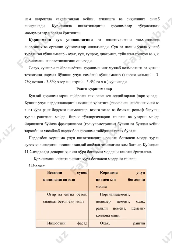 ам ҳаворан арин г паст ўртача 5...8 пигмент қоришма билан обдон яхши аралашиши учун қоришма қорғичга аввало майда кейин пигментли рангли цемент ва сув қўшилади (пигментлар тўғрисида тўла маълумот китобни “бўёқ ва лок” бобида тўла ёритилган). .сувоқбоп қоришма қопланган юзанинг рангини асосий хусусиятлари – ранглар туси, ёрқинлиги ва тўйинганлигидир. рангнинг туси ашёнинг ранги кўринадиган спектрнинг қайси қисмига киришини кўрсатади. рангнинг туси миқдори тўлқин узунлиги билан ўлчанади. ёрқинлик кўрсаткичи рангли сувоқ юзадан қайтган ёруғлик оқимининг тушаётганига нисбати билан ифодаланадиган қайтариш коэффициенти ёрдамида аниқланади ва у сувоқбоп рангли ашё юзасининг нисбий равшанлиги орқали ҳарактерланади. рангнинг тўйинганлиги бу бир хил ёрқинликда хроматик рангларнинг ахроматикдан фарқи. рангли сувоқбоп қоришмаларнинг рангини тартибга солиш, майин майдаланган органик ва ноорганик моддалар – рангли пигментларни ишлатиш йўли билан амалга оширилади. сувоқбоп рангли қоришмаларнинг эстетик хоссалари мутахассислар томонидан юқори баҳоланади. безакли пардозбоп қоришмаларнинг ранглар бойлиги жуда катта. бунга 85% пигментларнинг табиий ранглаш хоссаси мисол бўлади. масалан: 30-40% пигментлар яшил, …