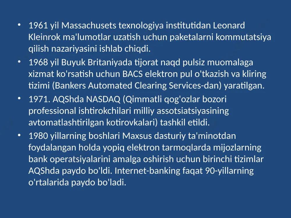 sub’ektlari o’rtasida yuzaga keladigan munosabatlar majmui to’lov tizimidir. to’lov tizimining turlariga quyidagilarni kiritishimiz mumkin: banklararo to’lov tizimi; bankning ichki to’lov tizimi; chakana to’lovlar tizimlaridan iborat. foydalanilgan adabiyotlar гаврилов л.п. электронная коммерция. учебник и практикум для бакалавриата и магистратуры.м.:юрайт, 2019.- 433 стр. o‘zbekiston respublikasining “elektron tijorat to‘g‘risida”gi o‘zbekiston respublikasi qonuniga o‘zgartish va qo‘shimchalar kiritish haqida”gi 2015-yil 22-maydagi o‘rq-385-sonli qoniniga muvofik qabul qilindi. xalq so’zi, 2015 yil 23 may. эътиборингиз учун раҳмат! image2.png image3.jpg image4.jpg image5.jpg image6.jpg image7.jpg image8.jpg image9.jpg image10.jpg /docprops/thumbnail.jpeg