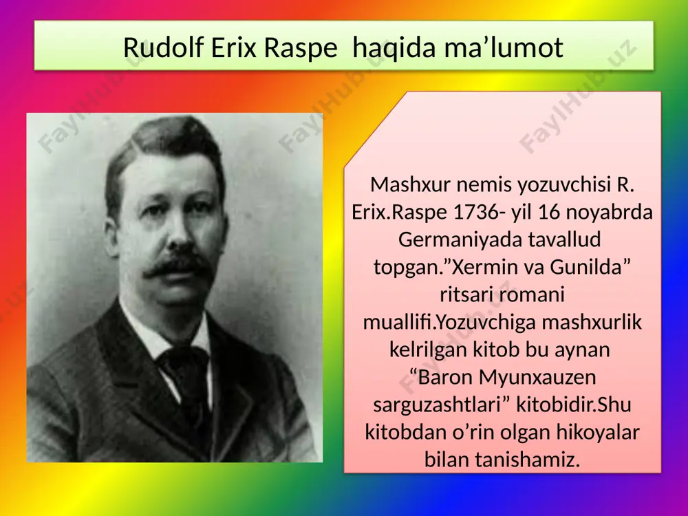 ali ham anchagina masofa bor edi. arqonning yuqori uchini ko‘pgina marta kesib,pastki uchiga bog‘lashga to‘g‘ri keldi. nihoyat, shunday pastladimki, hatto shahardagi uylarni va saroylarni ham ko‘ra oldim.yerga hammasi bo‘lib uch yoki to‘rt mil1 qolgan edi. birdan arqon uzilib ketdi. hash-pash deguncha yerga chirpirak bo‘lib tushdim. bir vaqt qarasam, yerga eng kamida yarim mil botib ketibman. o‘zimga kelgandan keyin ko‘p vaqtgacha bu chuqurdan qanday chiqishni bilolmay, esankiradim. kun bo‘yi hech narsa yemay, ichmay o‘yladim. nihoyat, o‘ylab topdim, tirnoqlarim bilan pillapoyachalar yasab, yer ustiga bazo‘r chiqib oldim. ha, myunxauzen hech qayerda qolib ketmaydi. 1.rudolf erix raspe qaysi millat yozuvchisi? ingliz nemis fransuz italyan 2.myunxauzen oyga qanday borib qoldi? a)loviyaga osilib b) raketa bilan c)xayollari orqali d) tushida bordi 3.u oyda boltachani qayerdan topdi? kumushlar ichidan loviyalar yonidan bir uyum xashak yonidan poxol orasidan 4.myunxauzen qachon qattiq xafa bo’ldi? a)loviya poyasi uzilganda b) kumush boltacha yo’qolganda c)oyda qolib ketishidan d)voqealar xayolida bo’lganidan 5.uning …