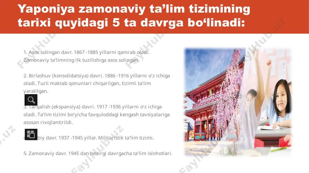 о‘zlashtirar ekan. maktabgacha tarbiya odatda oiladan boshlanadi. yapon ayollari uchun onalik birinchi о‘rinda turadi. kо‘pgina yapon ayollarining aytishlaricha, bola tarbiyasi – ularning hayotlarining maqsadlaridir. yapon tarbiyachilarining bolalarni kichik guruhlarga “xan”larga bо‘lib о‘qitishlari tarbiyaning asosiy xususiyatlaridan biri hisoblanadi. bu bolalarda qarorlar qabul qilishga, о‘zgalar fikrini hurmat qilish, guruh a’zolarini barchasini tashabbuskor bо‘lishga о‘rgatadi. bunday usul kichik maktablarda ham, о‘rta maktablarda ham davom etadi. bu guruhlar о‘rtacha har 5 oyda shakllanib turadi. yapon bolalariga sinfni boshqarish juda yoqadi. shuning uchun har kuni bolalarning о‘zlari boshqaruvchi tanlaydilar. har bir bola bu vazifani bajarib kо‘radi. image1.png image2.jpeg image3.jpeg image4.png image5.png image6.jpeg image7.jpeg image8.jpeg image9.jpeg /docprops/thumbnail.jpeg