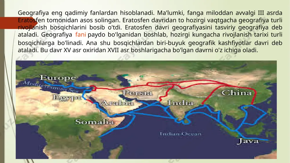 sh maqsadida sayohatga chiqib, hozirgi bagama orollariga borib qolgan va u hindistonga keldik, deb o'ylab bu orollarni vest indiya (g'arbiy hindiston) deb atalgan. hozir bu orollar katta va kichik antil orollari va bagama orollari deb ataladi. 1493-yilgi ikkinchi sayohat paytida x.kolumb kashf etgan orollardan biri dominika («yakshanba») deb atagan. shuningdek, san-kristofer, santa-krus (avliyo krest) san-xuan, 1498-yilda esa trinidad («uch orol») ni kashf etgan. yuqorida sanab o'tilgan orollar nomidagi «san»-«avliyo» ma'nosini beradi. 1487-1488-yillari portugaliyalik bartolomeu diash ekspedisiyasi afrikaning eng janubiy nuqtasigacha yetib keladi va kuchli dovullarga duch kelib, ortga qaytishga majbur bo'ladi. bu yerni u dovullar o'lkasi deb ataydi. lekin qirol buyrug'i bilan bu yerdan o'tishga umid bog'lab yaxshi umid burni deb nomlagan. 1497-yili portugaliyalik vasko da gama yaxshi umid burni orqali o'tib, natijada yevropaliklarda afrikaning janubiy va sharqiy sohillari haqida aniq tasavvur paydo bo'ladi. 1502-yili amerigo vespuchchi janubiy amerikaga qilgan sayohati paytida daryolardan birining quyi qismida to'xtab o'tadi. bu 1 …