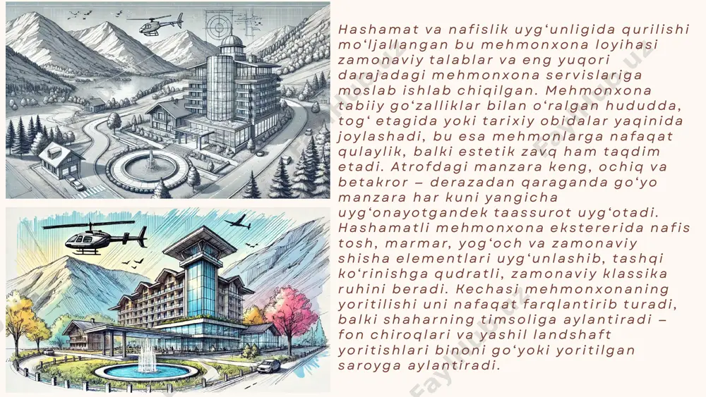 haxsiy xizmatlar va mutlaq maxfiylikni o‘zida mujassam etgan. har bir mehmon o‘z ehtiyojiga mos xona tanlashi mumkin – bu oddiy deluxe xonalaridan tortib, alohida zal va terassali royal suite xonalarigacha. mehmonxona tarkibida joylashgan restoranlar yuqori darajadagi gastronomik tajriba uchun mo‘ljallangan. asosiy restoran o‘zining keng panoramali derazalari, yuqori sifatli servis va butun dunyo oshxonasini taklif etuvchi menyusi bilan alohida ajralib turadi. rooftop bar esa mehmonlarga shahar yoki tog‘ manzarasi fonida jonli musiqa ostida dam olish imkonini beradi. ichki ichimliklar zali – vinoteka, eksklyuziv sharob kolleksiyalari va professional somelye xizmati bilan nafislikni yanada oshiradi. tinchlikni va sog‘lom dam olishni istovchilar uchun zamonaviy spa markazi, yopiq va ochiq basseynlar, sauna va massaj xonalari, yoga va meditatsiya platformalari taklif etiladi. fitnes markazi zamonaviy uskunalar bilan jihozlangan bo‘lib, mehmonlar uchun individual murabbiylar xizmatlari ham mavjud. hashamatli xizmatlar ichida mehmonlarga 24 soat xizmat ko‘rsatuvchi shaxsiy yordamchi, til tarjimoni, eksklyuziv transport va yo‘lovchi hamrohlik xizmati ham mavjud …