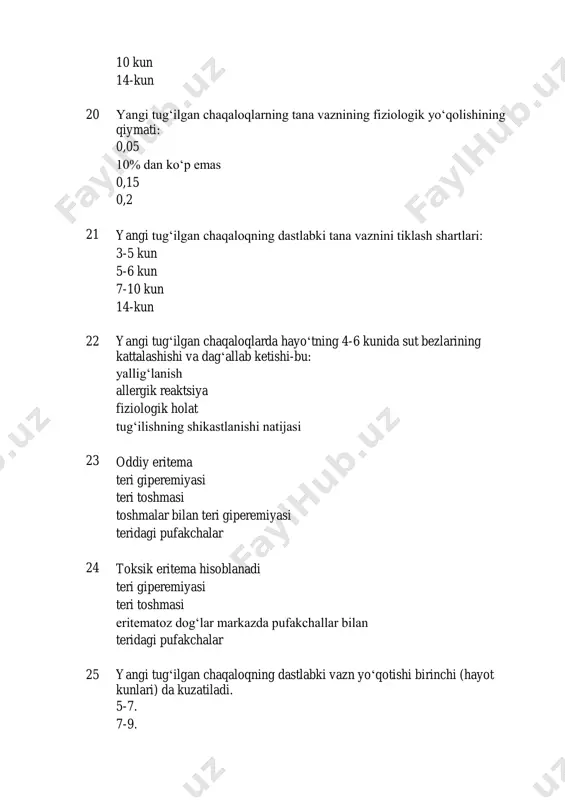 azasi mavjud? 3 faza 2 faza 4 faza 5 faza 38 tranzitor gipertermiya paydo boʻladi: 3-5 kunlik hayot hayotning 6-8-kunlarida 9-10 kunlik hayot hayotning 13-14-kunlarida 39 tugʻilgandan keyin gormonal inqiroz kuzatiladi: oʻgʻil bolalarda qizlarda oʻgʻil bolalarda va qizlarda yangi tugʻilgan chaqaloqlarda yoʻq 40 ogʻir asfiksiyada apgar shkalasi boʻicha baholanadi. 0-3 ball 3-5 ball 7-6 ball 6-8 ball 41 yangi tugʻilgan chaqaloqning holatini apgar shkalasi boʻyicha baholash qaysi daqiqada qoʻllaniladi 1-5-10 min 1-20 min 5-20 min 1-10 min 42 bilvosita yurak massaji uchun koʻrsatmalar birinchi qadamlar va mrsodidan keyin yurak urish tezligi daqiqada 60 dan kam birinchi qadamlar va mrsodidan keyin yurak urishi 100 dan ortiq nafas etishmovchiligi gipovolemiya 43 asfiksiyada davolashda c bosqichida: yurak faoliyati va gemodinamikani saqlash yoki tiklash ventilyatsiyani taʼminlash nafas yoʻllarining erkin oʻtkazuvchanligini taʼminlash laboratoriya nazorati 44 reanimatsiya choralari, agar ular samarasiz boʻlsa, qachon toʻxtatilishi kerak 15-20 min 60 min 40 min 2 soat 45 yangi tugʻilgan …