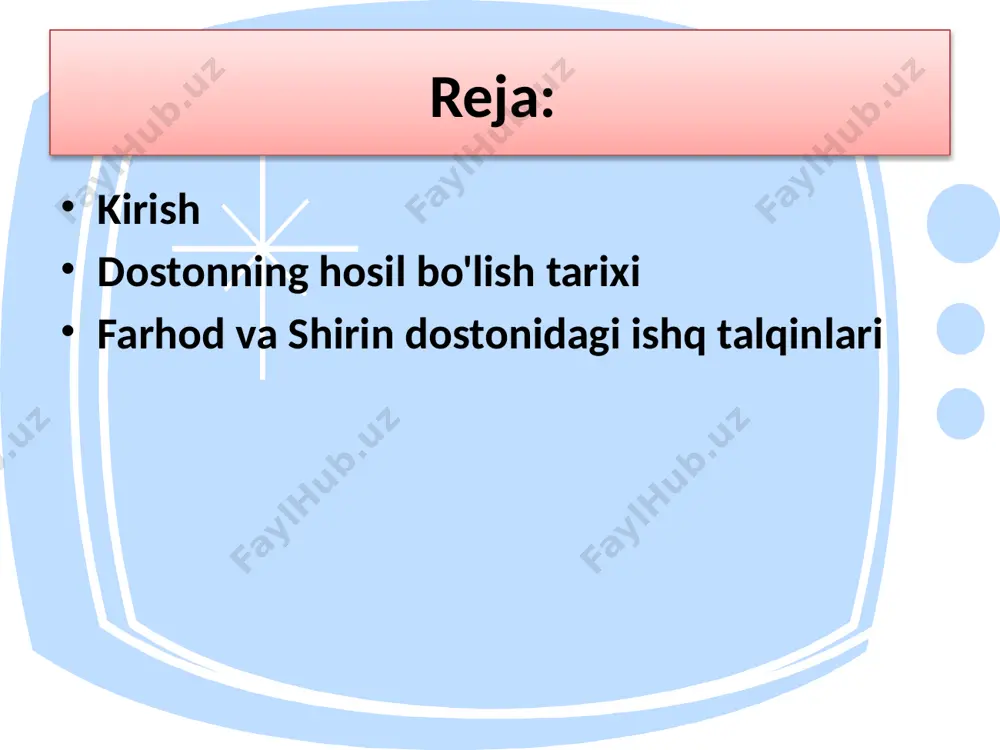 yil soliq to‘lashdan ozod qilinadi.podsho farzandiga yaxshi ism qo‘moqchi bo‘ladi. bolaning yuzida “farri shohiy” ,ya’ni shohlik nuri porlab turardi. bu nur soyasi ostida esa himmat, iqbol hamda davlat o‘rin olgan edi.shoh ”far” so‘ziga himmat,iqbol va davlat so‘zlarini bosh harflarini qo‘shgan edi, farhod ismi hosil bo‘ldi. chaqaloqni pokiza zotini ko‘rgan ishq ham unga farhod ismini qo‘ygan va uni firoq, rashk, hajr, oh va dard so‘zlarini bosh harflarini tanlagan edi. badiy asar syujeti badiiy shakilning eng muhim elementlaridan biri bo‘lib, asarda bir biriga uzviy bog‘liq holda kechadigan, qahramonlarning xati- harakatidan tarkib topuvchi voqealar tizimini anglatadi. jumladan, farhodning iskandar ko‘zgu tilsimini yechishga ishtiyoqi, yunon mamlakatiga lashkar tortib borishi, ajdarho va ahiraman dev bilan jangi kabi voqealar asarga hech bir zo‘rakiliksiz, o‘quvchi xayolini band etgan farhod-shirin linyasiga uzviy bog‘langan holda olib kiradi va muhimi, ular shoirga vatanparvarlik, adolatparvarlik, xalqlar hamdo‘stligi muammolarini atroflicha badiiy tadqiq qilish, fikrlarni ifodalash imkonini yaratdi. image1.wmf image2.jpeg /docprops/thumbnail.jpeg