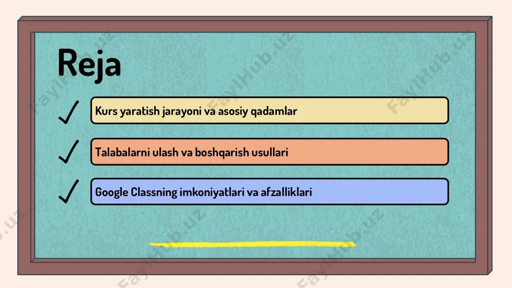 usullar talabalarni oson va tez ulashga yordam beradi. boshqarish usullari talabalarni boshqarishning asosiy usullari: 1. muntazam muloqot va savollarga javob berish. 2. talabalarning ishtirokini oshirish - interaktiv vazifalar orqali ishtirokni oshirish. 3. talabalarni rag'batlantirish - muvaffaqiyatli ishlar uchun talabalarni taqdirlash. 4. o'qituvchilar va talabalar o'rtasida ishonchli aloqalarni o'rnatish. 5. talabalar fikrlarini tinglash va baholash. 6. o'qitish jarayonini samarali boshqarish. google classda boshqarish jarayoni: 1. talabalar ro'yxatini tekshirish va ularni muvofiqlashtirish. 2. har bir talaba uchun individual yondashuvni amalga oshirish. 3. o'zaro baholash va fikr almashish uchun platforma yaratish. 4. o'qituvchilar va talabalar o'rtasida doimiy aloqa o'rnatish. 5. talabalarni rag'batlantirish va muvaffaqiyatlarini taqdirlash. 6. google classda resurslarni samarali taqdim etish. google classdagi imkoniyatlar google classning o'ziga xos xususiyatlari google class talabalar bilan muloqot qilish uchun qulay platforma. o'qituvchilar kurs yaratishi va talabalar bilan o'zaro aloqada bo'lish imkoniyatiga ega. talabalar dars materiallarini yuklash, darslarni ko'rish va savol-javoblar o'tkazish imkoniyatlariga ega. baholash tizimi …