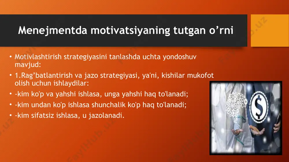 ish; * rag’batlantirishqiymati (қ), ya’ni qoniqishning yoki qoniqmaslikning nisbiy ko’rsatkichi. motivlashtirish –bu ruhiy omil bo’lib , shaxs faolligini manbai , sababi, dalili har xil turli ehtimollardadir. u xodimlarni jonli mehnat faoliyatiga rag’batlantiruvchi kuchli vositadir. boshqacha qilib aytganda motivlashtirish –bu kishilar faoliyatini ruhiy yo’llar bilan maqsadga muvofiq yo’naltirishdir. u muayyan ehtiyojni qondirish bilan bog’liq. ehtiyoj esa sabablarda namoyon bo’ladi. inson tirik jon sifatida ovqat yeyish ,uxlash , dam olib o’z kuchini tiklash , o’zini issiq –soviqdan asrash ehtiyojlariga ega .mazkur ehtiyojlar moddiy, ya’ni kiyim-kechak, oziq-ovqat ,turar joy va boshqalar shaklida ifoda etiladi. inson xatti-harakati doim motivatsiyada (uyg’onishda) bo’ladi. inson jon-jahdi, yuqori ko’tarinkilik ruh, tashabbus bilan ishlashi mumkin, shu bilan birga ishyoqmaslik ham qilishi mumkin. shaxs xatti-harakati xohlagan boshqa xislatlarga ega bo’lishi mumkin. shuning uchun har doim uyg’onish yo’lini qidirish kerak. image2.png image3.png image4.jpeg image5.jpeg image6.jpeg image7.jpeg image8.jpeg image9.jpeg image10.jpeg image11.jpeg image1.png