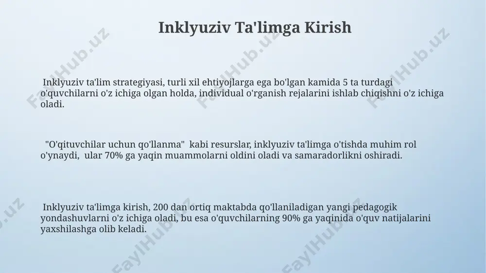 tuman miqyosida inklyuziv ta’limga oid ochiq forumlar o‘tkazish va unda 50 dan ortiq ishtirokchini jalb qilish orqali jamoatchilik fikrini shakllantirishga erishish mumkin. inklyuziv ta’limni qo‘llab-quvvatlovchi 5 ta yirik nodavlat tashkilot bilan hamkorlikda 1000 dan ortiq oilaga ta’lim bo‘yicha qo‘llanmalarni taqdim etish orqali jamoatchilik faolligini oshirish mumkin. ijtimoiy tarmoqlarda inklyuziv ta’limni targ‘ib qilish uchun kamida 3 ta turli xil kontent strategiyasini qo‘llash, masalan, video, infografika va blog postlarini 20% dan ortiq foydalanuvchilarga yetkazishni maqsad qilish kerak. baholash va monitoring monitoring natijalariga ko‘ra, 6 oyda kamida bir marta inklyuziv ta’lim strategiyasini qayta ko‘rib chiqish va kerakli o‘zgarishlarni amalga oshirish zarur. baholash jarayonida kamida 3 ta turli usul (masalan, kuzatish, testlar, portfellar) qo‘llanib, o‘quvchilarning yutuqlari va ehtiyojlari haqida to‘liq ma’lumot to‘planishi kerak. inklyuziv ta’limning samaradorligini baholashda, o‘quvchilarning o‘ziga ishonchi va ijtimoiy moslashuvchanligi kabi sifat ko‘rsatkichlarini ham 20% hisobga olish muhim. texnologiyalar va inklyuziv ta'lim online learning platforms offer personalized learning paths catering to …