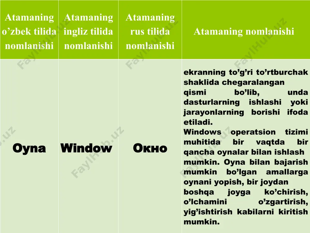 uloqotni ta’minlaydi va u operatsion tizim (qisqacha ot) deb yuritiladi. operatsion sistema tushunchasi. odatda, operatsion tizim tashqi xotira – diskda joylashadi va shuning uchun disk operatsion tizimi yoki qisqacha dos deb ham yuritiladi. demak, kompyuter ishga tushurilgach, uning qurilmalari bilan bir vaqtda maxsus dastur ishga tushadi. mazkur dastur foydalanuvchi bilan kompyuter o’rtasidagi muloqotni ta’minlaydi. shuningdek, operatsion tizim kompyuterning barcha qurilmalarini boshqarish imkonini beradi. operatsion tizim - bu maxsus dastur bo’lib, bu dastur asosiy vazifasi - kompyuter ishini boshqarish, kompyuter va foydalanuvchi o’rtasida muloqotni o’rnatish, tashqi qurilmalar ishlash holatlarini sozlash va ular bilan muloqotni o’rnatish, har xil dasturlarni ishga tushirish va ular ishlash holatlarini ta’minlashdan iborat. operatsion tizim hisoblash tizimini mavqeini asosan uning operatsion tizimi belgilaydi. shunga qaramasdan, hisoblash tizimidan faol foydalanuvchilar, ko’pincha, unga ta’rif berishda anchayin qiynaladilar. bu narsa, qisman, ot bir-biri bilan unga bog’liq bo’lmagan ikkita funktsiyani bajarishi bilan bog’liqdir: bu foydalanuvchiga, dasturchiga kengaytirilgan, virtual mashina imkoniyatini yaratish bilan …