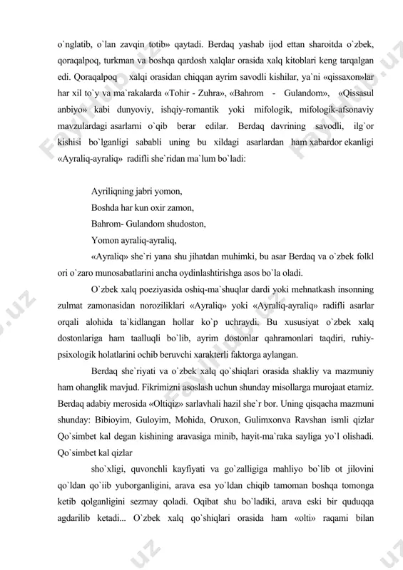 murojaat etamiz. berdaq adabiy merosida «oltiqiz» sarlavhali hazil she`r bor. uning qisqacha mazmuni shunday: bibioyim, guloyim, mohida, oruxon, gulimxonva ravshan ismli qizlar qo`simbet kal degan kishining aravasiga minib, hayit-ma`raka sayliga yo`l olishadi. qo`simbet kal qizlar sho`xligi, quvonchli kayfiyati va go`zalligiga mahliyo bo`lib ot jilovini qo`ldan qo`iib yuborganligini, arava esa yo`ldan chiqib tamoman boshqa tomonga ketib qolganligini sezmay qoladi. oqibat shu bo`ladiki, arava eski bir quduqqa agdarilib ketadi... o`zbek xalq qo`shiqlari orasida ham «olti» raqami bilan boshlanuvchi, qiz-juvonlar ta`rifiga bagishlangan hazil termalar talaygina. masalan, xorazm xalq termalaridan «olti xalfa»ning ayrim bandlarini berdaq she`riga qiyoslaylik: «olti xalfa» olti xalfa biri oysha, uzuklari qo`sha-qo`sha, bordim tomlar osha-osha elga balli olti xalfa. «olti qiz» ikkinchi qizi mohida, oq yuzi oydan ziyoda, yo`l yurmaymiz deb piyoda ot aravaga mingan ekan. har ikkala parchada ham tasvir obyekti qilib olingan shaxslar portreti, ularning xarakteriga xos xislatlar gavdalantirilgan. farqi shundaki, o`zbek xalq qo`shig`ida band oxirida doimo bir xil …