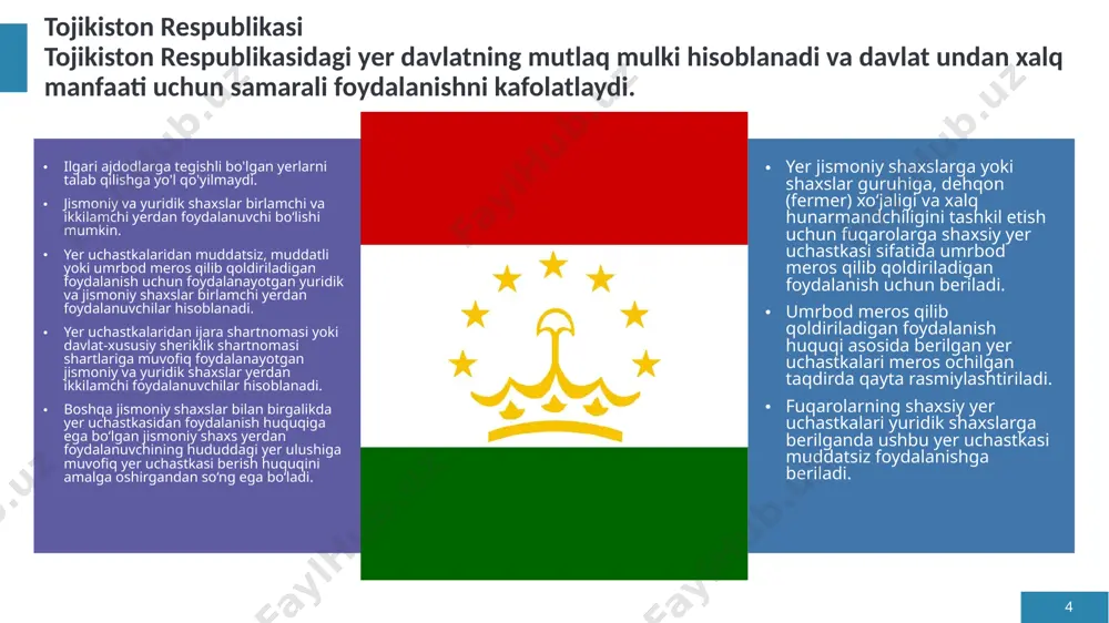 ri chet elliklarga faqat yer uchastkalaridan vaqtinchalik foydalanish uchun beriladi. ◼️qishloq xoʻjaligiga yaroqli yerlar, bir yillik va koʻp yillik oʻsimliklar egallagan yerlar, urugʻchilik, naslchilik, tajriba xoʻjaliklari, ilmiy-tadqiqot, tajriba seleksiya, nav sinash, qishloq xoʻjaligi kooperativlari tomonidan 20 yilgacha boʻlgan muddatga foydalanishga beriladi. 12 ozarbayjon respublikasi kavkazortining janubi-sharqiy qismida joylashgan, ma’muriy jihatdan 61 tuman, 65 shahar va 122 shaharchaga bo‘lingan ozarbayjon respublikasining yer qonunchiligi yer kodeksi hamda «yer islohoti to‘g‘risida”gi ozarbayjon respublikasi qonuni va boshqa normativ-huquqiy hujjatlardan iborat. respublikaning yer fondi, undan foydalanish va ularni muhofaza qilish bo‘yicha munosabatlar aynan ushbu qonunchilik bilan tartibga solinadi. ◼️ozarbayjonda yer fondi 7ta toifalarga bo‘linadi. ular haqida batafsil mazkur videoda. 12 13 germaniya germaniyada sotuvchi va sotib oluvchiga ko’chmas mulk shartnomasi bilan tanishib, uni imzolashi uchun 2 hafta majburiy muddat beriladi. batafsil (https://uzdkp.uz/uz/xorijda-kadastr/) shartnoma imzolangan kundan boshlab, mulk huquqi vujudga kelgunga qadar taxminan 2 oydan 5 oygacha vaqt talab qilinadi. oldi-sotdi shartnomasini taraflar imzolagach, notarius tegishli …