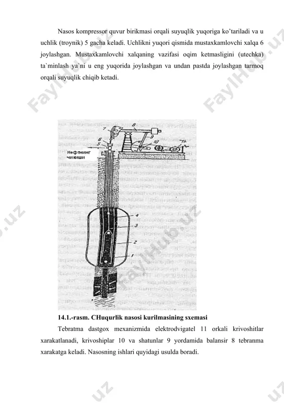 aydovchi to’siq ochiladi, shu tariqa cilindr ichidagi suyuqlik yuqoriga xarakatlanadi. plunjerni yuqoriga xarakatlanganida bir vaqtning o’zida suyuqlikni nasos tsilindri ichiga kirishi va uni nasos kompressori ichida ko’tarilishini ta`minlanadi, pastga xarakatlanganida esa cilindr ichidagi suyuqlik nasos kompressori ichiga o’tadi. chuqurlik nasoslari qurilmasini ishlashida bo’ladigan halokatlar; - nasos kompressor quvurlar birikmasini quduqga tushib ketishi; - quduqga chekka buyum ko’lashi natijasida nasos kompressor quvurining qisilishi; - nasos shtangalari birikmasini uzilishi; - chuqur nasosi xarakatlanganda suyuqlikni yuqoriga ko’tarilmasligi; - tebratma dastgox balansirining sinishi; - tebratma dastgox elektromotorni ishdan chiqishi; nasos kompressor quvur birikmasining quduq tubiga ko’llashi, chuqurlik nasosini almashtirish uchуn quvurlar birikmasini ko’tarish-tushirish vaqtida elevatorning nosozligi yoki mufta burama kertigining ochilishi natijasida vujudga keladi. nasos kompressori quvuri birikmasini quduqdan olish uchun asosan metchik, ichki quvur tutgich va tashki quvur tutgichdan foydalaniladi. u yoki bu ko’rinishdagi quvur tutgichlardan foydalanish, uzilish joyining xalokatiga bog’lik. masalan; uzilgan joyda mufta bo’lsa unda metchik qo’llaniladi, agar quvur burama kertik …