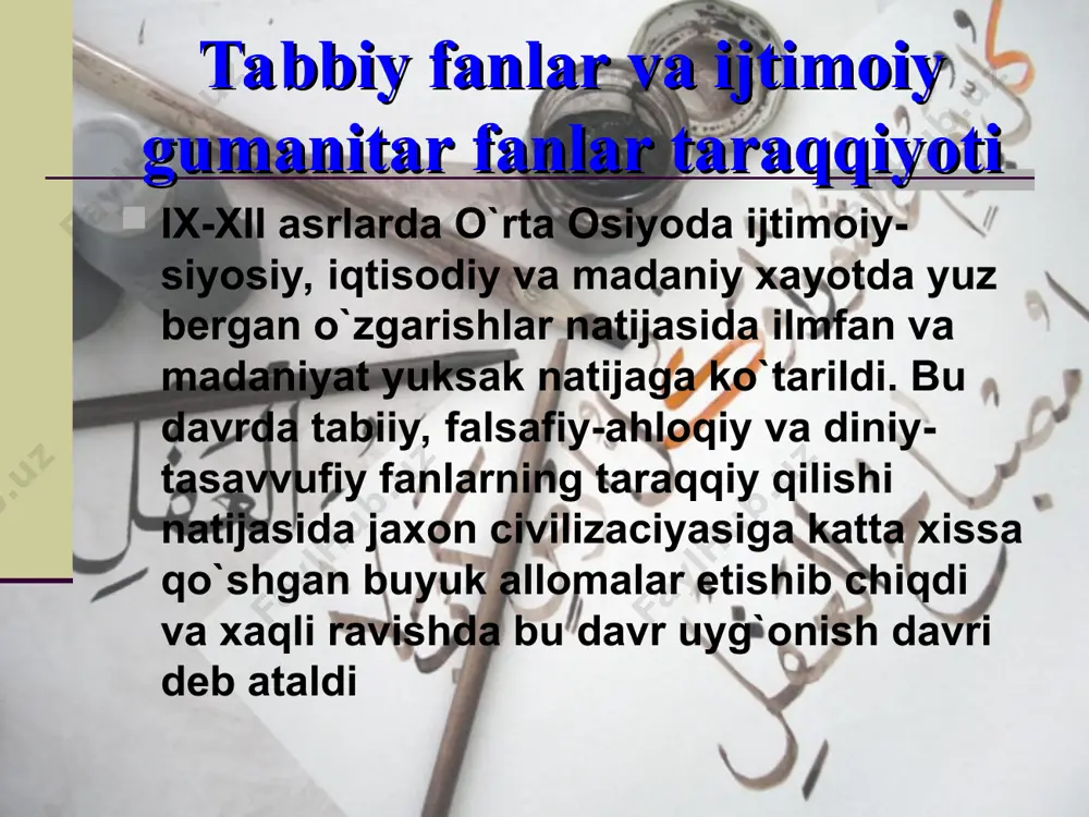 asi, «faqrnoma». risolasi o'z aksini topgan. ahmad yassaviy tasavvufda yassaviya tarikatiga asos soldi. * tasavvuf tariqati abulkosim firdavsiy (942-1020 yillar). eronning tue shahrida tug'ilgan. arab va fors adabiyotini yaxshi bilgan. butun umrini eron shoxlarining afsonaviy qahramonlariga bag'ishlangan katta epik asar «shoxnoma» ni yaratishga sarflagan. asar dunyoni ko'pgina tillarida nashr qilingan. firdavsiy o'z «shoxnoma» si bilan o'ziga abadiy haykal yaratib ketgan va avlodlar tashakkuriga sazovor bo'lgan. asar g'aznaviylar shoxi mahmud g'aznaviy tomonidan munosib taqdirlanmagan. firdavsiy umrining oxirigacha faqirlikda yashab o'tgan buyuk siymodir. ix-xii asrlar markaziy osiyo madaniyati rivojiga nazar tashlar ekanmiz, bu davrda tasavvuf (sofizm) ta'limotlari madaniyatning, ma'naviyatning barcha tomonlariga kirib borganligini kuzatish mumkin. so'fizm shaxsiy erkinlik, o'z hohishi bilan tozalanib olloxga ruhiy ma'naviylikka singish orqali erishishga asoslanadi. tasavvufda ruxni kamolotga va uni so'nggi maqsadi - olloxga erishuv yo'llari 4 bosqichdan iboratdir: 1) shariat. 2) tariqat. 3) ma'rifat. 4) haqiqat.