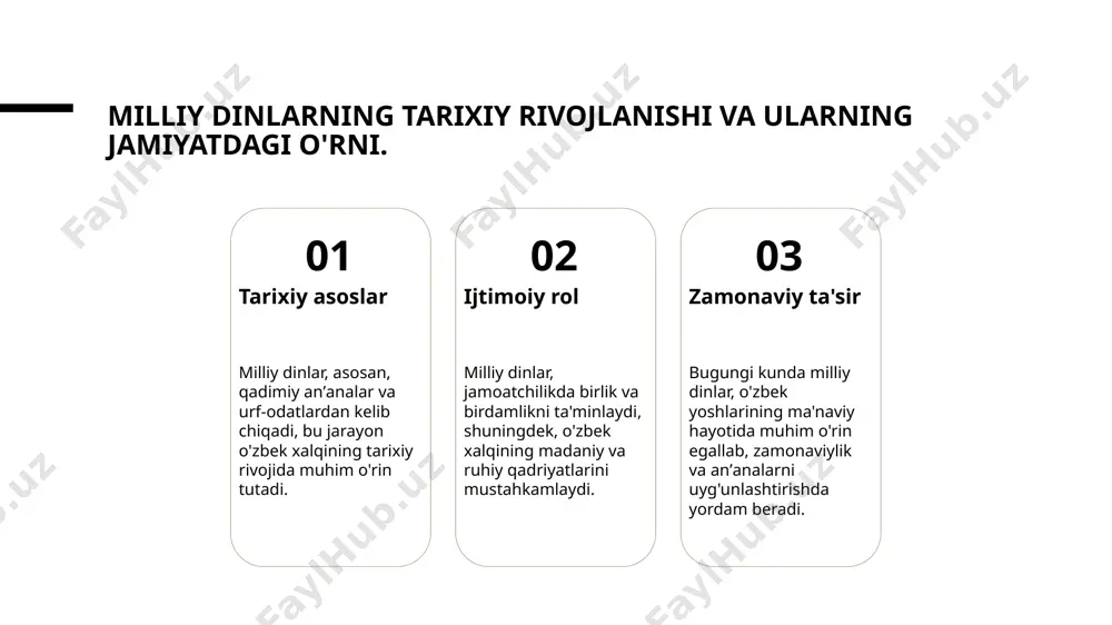 adi. milliy identitet: o'zbek xalqining ruhiy qadriyatlari va ehtiyojlari. milliy qadriyatlar o'zbek xalqining ruhiy qadriyatlari, anʼanalar va urf-odatlar orqali namoyon bo'ladi. bu qadriyatlar milliy identitetni shakllantiradi va jamiyatda ahamiyat kasb etadi. ruhiy ehtiyojlar o'zbek xalqining ruhiy ehtiyojlari, tinchlik, umid, va birlikka bo'lgan intilishda ifodalanadi. bu ehtiyojlar milliy dinlar orqali qondiriladi va ijtimoiy barqarorlikni ta'minlaydi. madaniy meros o'zbeklarning madaniy merosi, milliy dinlar va anʼanalarni saqlashda muhim rol o'ynaydi. bu meros xalq ruhiyatini mustahkamlashga xizmat qiladi va kelajak avlodlarga yetkaziladi. ruhiy amaliyotlar: an'analar va zamonaviylik o'rtasidagi muvozanat. anʼanaviy ruhiyat zamonaviy amaliyotlar muvozanatning ahamiyati milliy dinlar anʼanaviy ruhiyatni saqlab qoladi, xalqning tarixiy tajribasini va qadriyatlarini muhofaza qiladi, bu esa ijtimoiy birlikni mustahkamlaydi. zamonaviy hayotda ruhiy amaliyotlar yangi talablarga moslashmoqda, bu esa anʼanalar va zamonaviylik o'rtasidagi muvozanatni saqlashga yordam beradi. anʼanalar va zamonaviylik o'rtasidagi muvozanat, milliy identitetni rivojlantirishda muhimdir, bu esa xavfsizlik va madaniy merosni saqlashni ta'minlaydi. milliy dinlar va ularning milliy identitetni shakllantirishdagi …