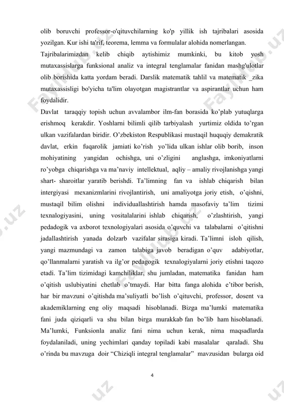 gan adabiyotlar ro’yxati, hamda ilovadan iborat bo’ldi. matematika sohasidagi ta’lim sifatini oshirish va ilmiy - tadqiqotlarni rivojlantirish chora-tadbirlari to’g’risida qarori. mamlakatimizda matematika 2020- yildagi ilm – fanni rivojlantirishning ustuvor yo’nalishlaridan biri sifatida belgilandi. o’tgan davr ichida matematika ilm – fani va ta’limini yangi sifat bosqichiga olib chiqishga qaratilgan qator tizimli ishlar amalga oshirildi. birinchidan, ilg’or ilmiy markazlarda faoliyat yuritayotgan vatandosh matematik olimlarning taklif qilinishi va xalqaro ilmiy- tadqiqotlar olib borilishi uchun zarur shart- sharoit yaratildi. ikkinchidan, xalqaro fan olimpiyadalarida g’olib bo’lgan yoshlarimiz va ularning murabbiy ustozlari mehnatini rag’batlantirish tizimi joriy etildi. uchinchidan, oliy ta’lim va ilmiy- tadqiqotlarning o’zaro integratsiyalashuvini ta’minlash maqsadida talabalar shaharchasi fanlar akademiyasining b.i .romanovskiy nomidagi matematika institutining yangi va zamonaviy binosi barpo etildi. matematika sohasidagi fundamental tadqiqotlarni moliyalashtirish hajmi bir yarim barobarga oshirildi, budjet mablag’lari hisobidan superkompyuter, zamonaviy texnika va asbob uskunalar harid qilindi. to’rtichidan, ilmiy darajali kadrlarni tayyorlashning birlamchi bosqichi sifatida stajor - tadqiqotlik institute joriyetildi. …