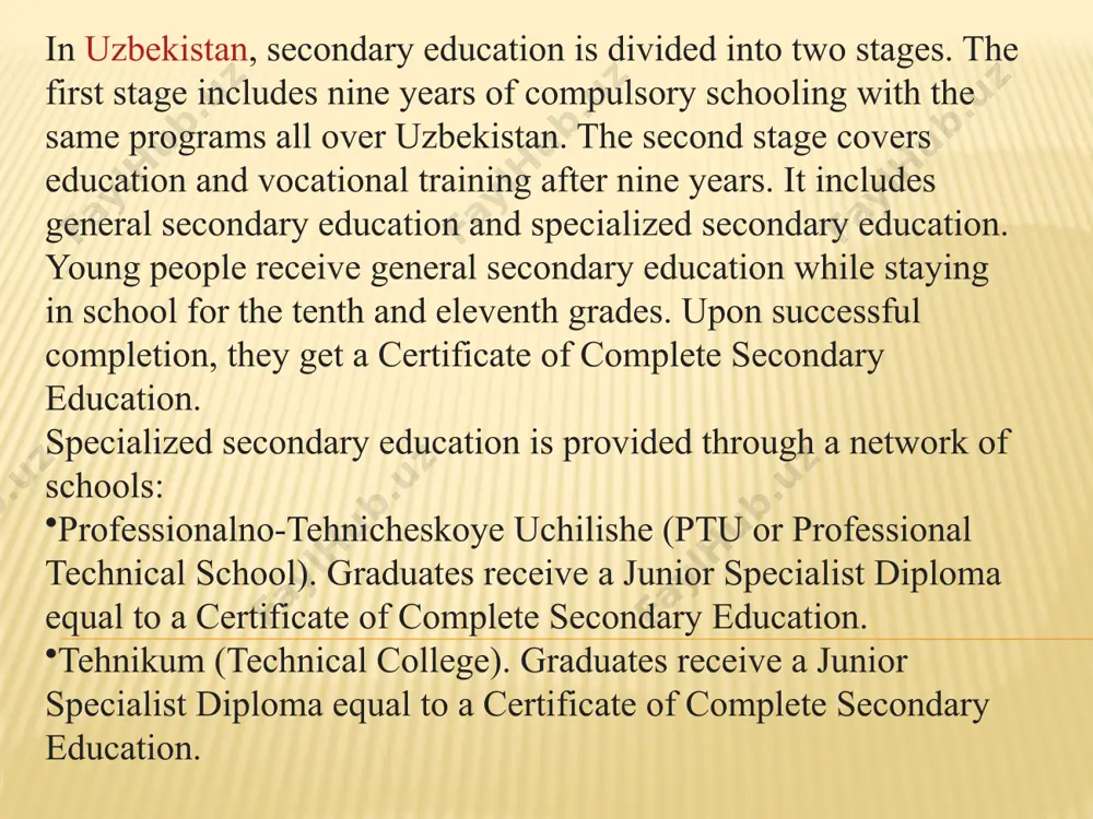 in 2006 education’s share of the budget increased to 8.1 percent. lack of budgetary support has been more noticeable at the primary and secondary levels, as the government has continued to subsidize university students. [1] between 1992 and 2001, university attendance dropped from 19 percent of the college-age population to 6.4 percent. the three largest of uzbekistan’s 63 institutions of higher learning are in nukus, samarkand, and tashkent, with all three being state funded. private schools are forbidden as a result of a government crackdown on the establishment of islamic fundamentalist (wahhabi) schools. however, in 1999 the government-supported tashkent islamic university was founded for the teaching of islam.[1] among higher educational institutions, the highest rated at domestic level are tashkent financial institute and westminster international university in tashkent. the first one was established by the initiative of the first president of uzbekistan in 1991. later in 2002, in collaboration with …