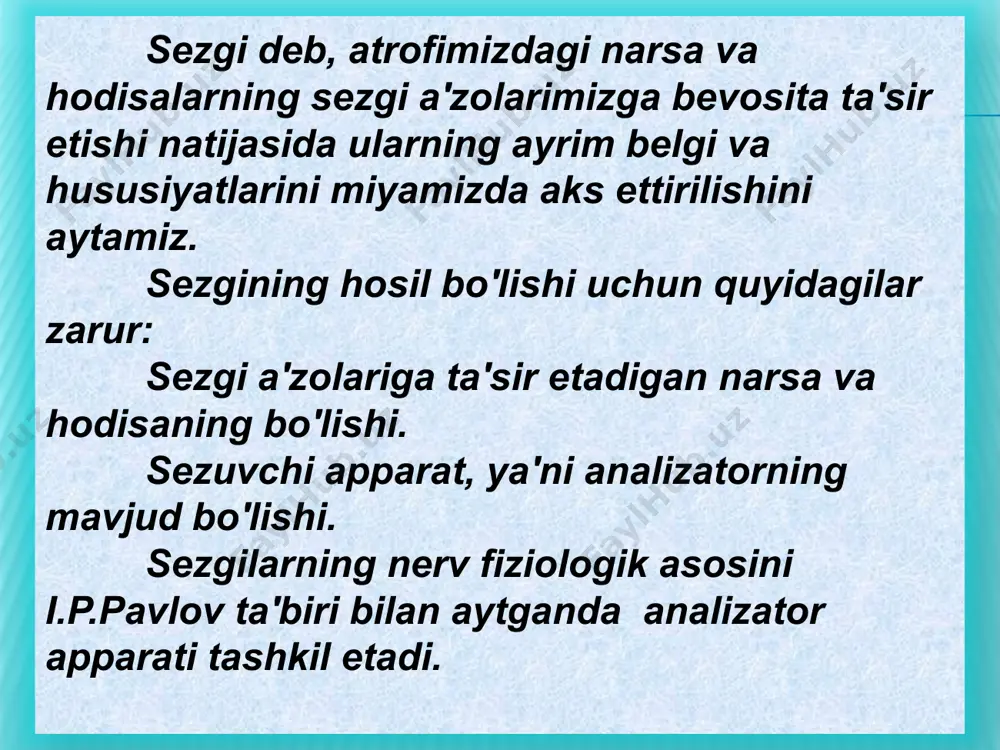 beruvchi muskullarda, bog`lovchi paylarda, mushaklarda joylashgan sezgilar; interoretseptiv sezgilar u borasida rus psihologi a.r.luriya tadqiqot ishini olib borgan. uning fikricha, interoretseptiv sezgilar asl, tub, ma'nodagi sezgilar emas, balki emotsiyalar bilan sezgilar o'rtasidagi oraliq sezgilar sifatida namoyon bo'ladi. psihologiya fanida mazkur sezgilar to'la o'rganilmaganligi sababli uni “noma'lum hislar” deb atalgan. miya po‘stlog‘ining chakka qismi buzilganda, inson yuzini tanish javobgarligi yo‘qoladi va bu kasallik prosopagnoziya deb nomlanadi. unda sezgilari normal, lekin idroki normal emas. unga notanish chexrani ko‘rsatishganda u bunga e’tibor beraydi. unga tanish chexrani ko‘rsatishganda, avtonom nerv sistemasi reaksiyasi shuni ko‘rsatadiki u xavotirlanadi va terlashni boshlaydi, lekin bu inson kimligini aytib bera olmaydi. miyani buzilganligi sababli, u ma’lumotlarni sxema bo‘yicha tepadan pastga qrab ishlolmaydi – to‘plangan bilimlarni sensor ma’lumotlar bilan bog‘lay olmaydi. psychology david g. myers hope college holland, michigan 210р interoretseptiv sezgilarning fiziologik mehanizmlari intero-sepsiya bilan birgalikda k.m.bikov, v.n. chernigovkiylar tomonidan atroflicha o'rganilgan. ularning fikriga ko'ra, bu narsalarning barchasi shartli …