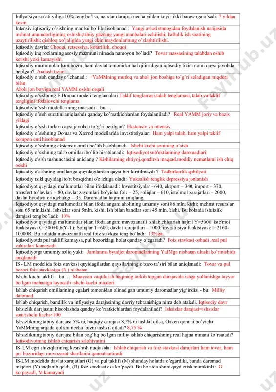 higa olmaydi. davlat mulkidan olinadigan daromadlar byudjet daromadlariga kirmaydigan soliqlarni aniqlang: nafaqaxo‘rladan olinadigan daromad solig‘i byudjet taqchilligi nima? xarajatlarning daromaddan ortiqligi byudjet taqchilligini qoplash uchun davlat qaysi mexanizmdan foydalanadi: markaziy bank kreditlari davlat byudjeti kamomadini quyidagilar moliyalashtirish mumkin: pul va davlat qimmatli qogozlar emissiyasi davlat byudjeti necha kismdan iborat: 2 qism davlat byudjeti tushunchasini taʼriflang: davlat o‘zini-o‘zi boshqarish organlari va aholi o‘rtasidagi moliyaviy munosabatlar tizim davlat byudjeti: mamlakatning asosiy moliyaviy rejasi ko‘rinishida qonuniy rasmiylashtirilgan, davlat pul fondlarini yaratish va ulardan foydalanish borasidagi iqtisodiy munosabatlar majmui davlat byudjeti taqsimlash va nazorat funktsiyani bajaradi. davlat byudjеti profitsiti – bu davlat byudj еti daromadlarining xarajatlarga nisbatan ko’proq bo’lishi davlat qarzlari–bu .. davlatning byudjеtdan tashqari fondlardan hamda xorijiy davlatlardan, ulardagi jismoniy va yuridik shaxslardan, shuningdеk, xalqaro moliyaviy tashkilotlardan olgan qarzlari davlat tomonidan olib borilayotgan pul-kredit siyosati: moliya siyosatiga va bowqa barcha hukumatga bogliq davlat xarajatlari ko’paytirilishining multiplikativ samarasi oshadi, agar: istе'moga chеgaraviy moyillik oshsa, …
