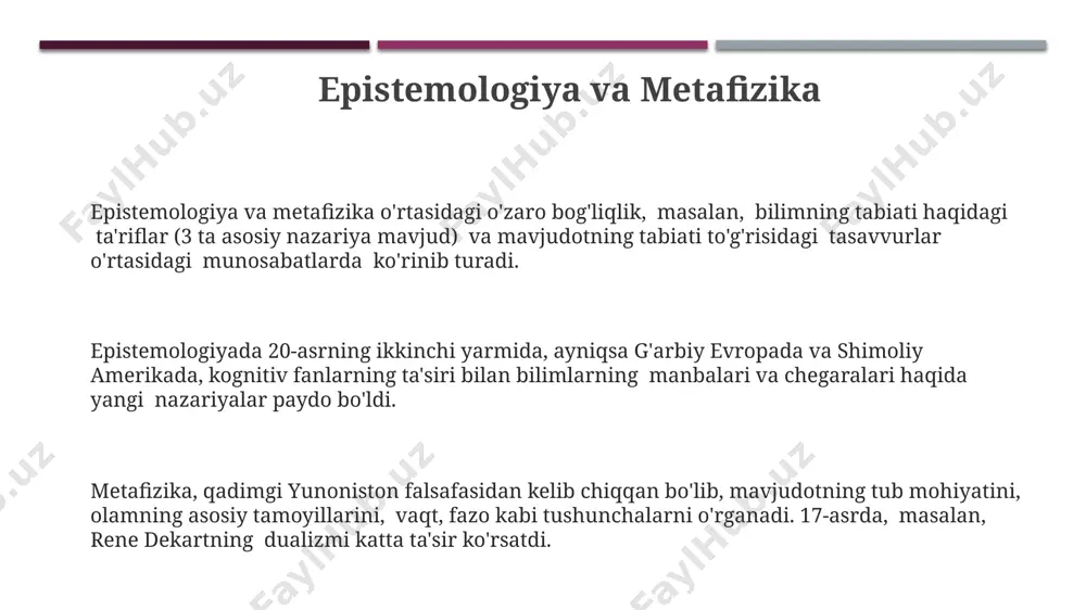 afa toifalarini tushunishda, markaziy osiyo mintaqasida 15-asrda yashagan va alisher navoiyning fikrlari bilan uzviy bog'liq bo'lgan mutafakkirlardan foydalanish, g'oyalarning rivojlanishini kuzatish uchun muhimdir. falsafa toifalari, asosan, 4 asosiy yo'nalishga: ontologiya, epistemologiya, aksiologiya va mantiqqa bo'linadi, bu sohalar qadimgi yunoniston va islom olamida 8-13-asrlarda rivoj topgan. ibn sino (avicenna) kabi 11-asr mutafakkirlari falsafa toifalarini o'z asarlarida, jumladan, "qonun fi tibb"da, 500 dan ortiq boblar bilan ta'riflashgan va ularning o'zaro bog'liqligiga e'tibor qaratishgan. falsafa qonunlari ibn sino (avicenna)ning "qonun fi'l-tibb" asari uchta asosiy qismdan – tibbiyot, falsafa va tabiatshunoslikdan – iborat bo'lib, falsafa qonunlariga keng murojaat qiladi. falsafa qonunlarining 12-asrda buxoro va samarqanddagi olimlar tomonidan rivojlantirilgan mantiqiy tizimlari, aristotel falsafasiga asoslangan bo'lib, tafakkur qonunlarini aniqlashga qaratilgan. 15-asrda xorazmda yashagan falsafiy maktab vakillari, 5 ta asosiy kategoriyani ta'kidlab, falsafa qonunlarini ularning o'zaro bog'liqligi nuqtai nazaridan o'rganganlar. falsafa uslublari falsafa uslublarining rivojlanishi 2 asr davomida kuzatilgan; aristotelning mantiqiy tizimi va 18-asr yevropa ratsionalizmi ushbu …