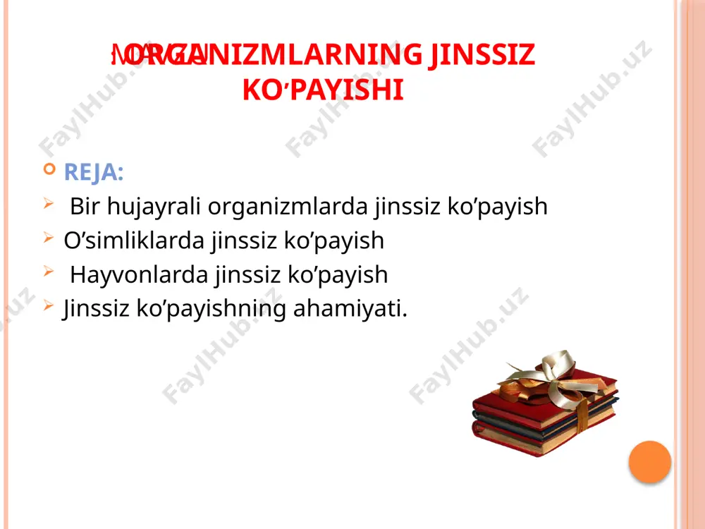 kalnish yo`li bilan ko`payadi.achitqi zamburug`i faoliyatida shakar spirt va co 2 gaziga aylanadi.bu jarayon pivo,vino,novvoychilikda ahamiyati katta ko’p hujayrali organizmlarda jinssiz ko’payishning shakllari vegetativ ko’payish sporalar orqali ko’payish fragmentlar orqali ko’payish poliembrioniya kurtaklanib ko’payish o’simliklarda jinssiz ko’payish tabiyatda o’simliklarning vegetativ organlari – ildizi, novdasi, bargi orqali vegetativ ko’payishi keng tarqalgan. mikroklonlash vegetativ ko’payishning zamonaviy usulidir. inson uchun foydali belgiga ega bo’lgan o’simlikning irsiy jihatdan bir xil, sog’lom ko’chatlari tanlab olinadi. ko’chatlarning mikroorganizmlardan tozalangan to’qimasi laboratoriyada in vitro (lot.shisha ichida) sharoitida maxsus ozuqa muhitida o’stiriladi mikroklonlash usulining bosqichlari viruslarda holi sog’lom o’simlik tanlab olinadi sterillangan meristema to’qimasi idishdagi maxsus ozuqaga joylanadi ozuqada kichik o’simlik rivojlanadi, u issiqxonada dala sharoitiga moslashtirish uchun tayyorlanadi sporalar orqali ko’payish jinssiz ko’payishning bir shaklidir. suvo’tlari, zamburug’lar va sporali o’simliklarda kuzatiladi. yengil sporalar o’simliklarni tabiatda keng tarqalishiga imkon beradi. 13 vegetativ ko`payish oddiy kurtaklanish va xlamdosporalar yordamida bo`ladi.ba`zi turlarida vegetativ ko`payishda kurtaklanib ko`payadi(achitqi zamburug`i) zamburug`larning vegetativ ko`payishi …