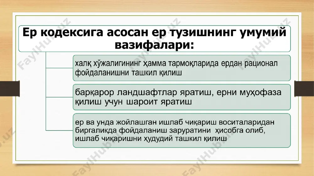 он республикасининг ер тузиш чизмаларини (схемаларини) ишлаб чиқиш; ерлардаи фойдаланиш ва уларни муҳофаза қилиш билан боғлиқ башоратлаш (прогнозлаш) ишларининг республика ва минтақавий дастурларини ишлаб чиқиш; табиатни муҳофаза қилиш, дам олиш ва қўриқхона режимидаги ҳудудларнинг жойлашуви ва чегараларининг белгиланишини асослаш; хўжалик ичидаги ер тузиш - фермер хўжаликлари ҳамда бошқа қишлоқ хўжалик корхоналари, муассасалар ва ташкилотлар, шунингдек ижарага берилган ерлар, фермер, деҳқон хўжаликлари ҳудудини ташкил этиб, илмий асосланган алмашлаб экишни жорий қилишни, барча қишлоқ, хўжалик ерларини (хайдалма ерлар, пичанзорлар, яйловлар, боғлар, узумзор ва бошқалар) рационал жойлаштиришни, тупроқнинг сув ва шамол таъсирида нураши (эрозияга) қарши кураш тадбиларини комплекс қайта қуриш ва бошқаларни ўз ичига олади. ер тузиш жараёнида ердан фойдаланиш ва уни муҳофаза қилиш билан боғлиқ бошқа лойиҳалар ҳам ишлаб чиқилиши мумкин. ер тузишда ер кадстри ва ердан фойдаланишга алоқадор бошқа тадбирлар натижалари ва маьлумотларидан фойдаланиш керак. давлат ер кадастри ернинг ҳуқуқий тартиби, уларнинг мулкдорлар, ер эгаларли, ердан фойдоланувчилар ва ижарачилар орасида тақсимланиши, …