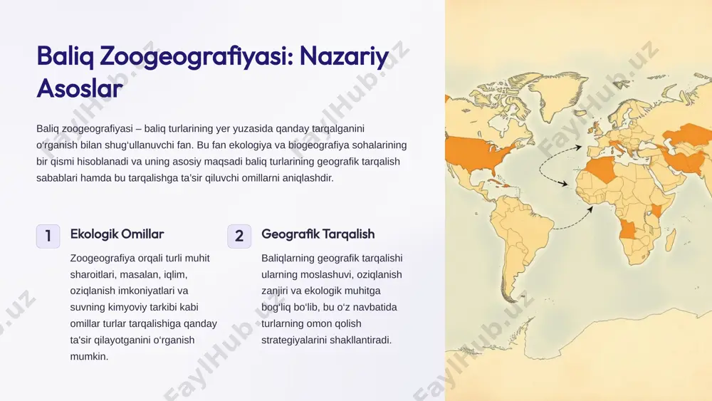 kamroq bo‘ladi. atlantika okeani atlantika okeani o‘ziga xos baliq turlari va ekologik sharoitga ega. tinch okeani tinch okeani o‘ziga xos baliq turlari va ekologik sharoitga ega. hind okeani hind okeani o‘ziga xos baliq turlari va ekologik sharoitga ega. shimoliy muz okeani shimoliy muz okeani o‘ziga xos baliq turlari va ekologik sharoitga ega. 8 okean oqimlarining baliq turlariga ta’siri okean oqimlari baliqlar migratsiyasiga va turlarining tarqalishiga katta ta’sir qiladi. issiq va sovuq oqimlar baliqlarning oziqlanishi va yashash joylarini belgilaydi. misol uchun, sovuq okean oqimlari oziq moddalarini yuzaga olib chiqib, baliq va boshqa dengiz hayvonlari uchun boy oziqlanish hududlarini yaratadi. oziqlanish sovuq okean oqimlari oziq moddalarini yuzaga olib chiqib, baliq va boshqa dengiz hayvonlari uchun boy oziqlanish hududlarini yaratadi. migratsiya issiq va sovuq oqimlar baliqlarning ko‘chib yurish yo‘nalishlarini o‘zgartiradi va yangi mintaqalarda yashash imkonini beradi. 9 okean muvozanati va baliq populyatsiyalari okeandagi biologik muvozanat baliq populyatsiyalarining turg‘unligi bilan bog‘liq. baliq turlari o‘zlarining …