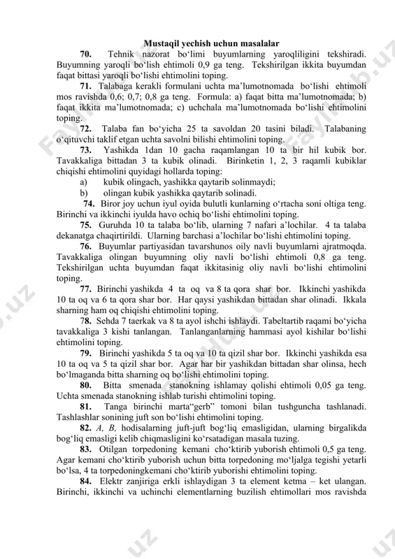chiqishi ehtimolini quyidagi hollarda toping: a) kubik olingach, yashikka qaytarib solinmaydi; b) olingan kubik yashikka qaytarib solinadi. 74. biror joy uchun iyul oyida bulutli kunlarning o‘rtacha soni oltiga teng. birinchi va ikkinchi iyulda havo ochiq bo‘lishi ehtimolini toping. 75. guruhda 10 ta talaba bo‘lib, ularning 7 nafari a’lochilar. 4 ta talaba dekanatga chaqirtirildi. ularning barchasi a’lochilar bo‘lishi ehtimolini toping. 76. buyumlar partiyasidan tavarshunos oily navli buyumlarni ajratmoqda. tavakkaliga olingan buyumning oliy navli bo‘lishi ehtimoli 0,8 ga teng. tekshirilgan uchta buyumdan faqat ikkitasinig oliy navli bo‘lishi ehtimolini toping. 77. birinchi yashikda 4 ta oq va 8 ta qora shar bor. ikkinchi yashikda 10 ta oq va 6 ta qora shar bor. har qaysi yashikdan bittadan shar olinadi. ikkala sharning ham oq chiqishi ehtimolini toping. 78. sehda 7 taerkak va 8 ta ayol ishchi ishlaydi. tabeltartib raqami bo‘yicha tavakkaliga 3 kishi tanlangan. tanlanganlarning hammasi ayol kishilar bo‘lishi ehtimolini toping. 79. birinchi yashikda …